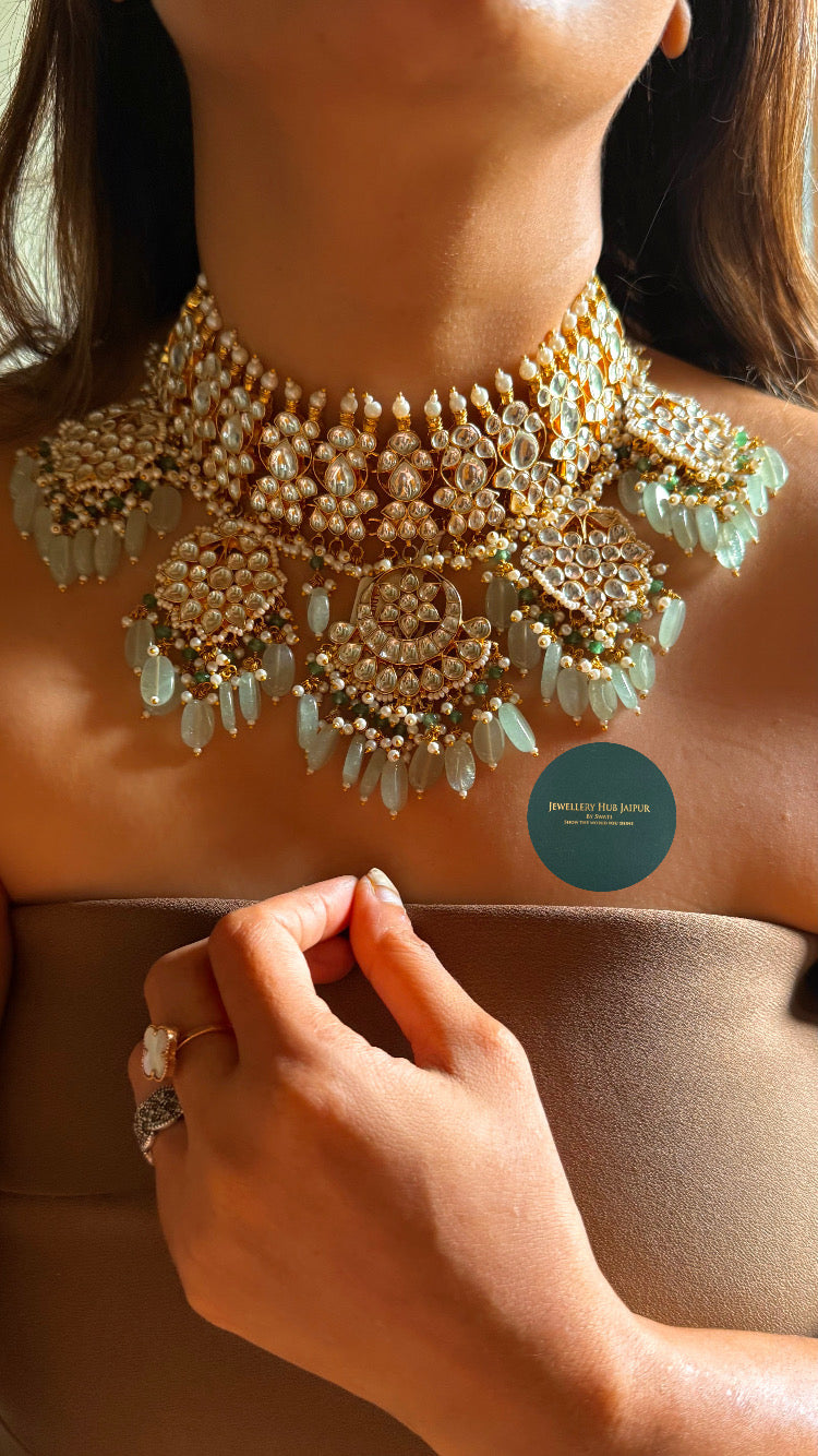 Paachi Heritage Polki paachi kundan with mint drop rajwada set