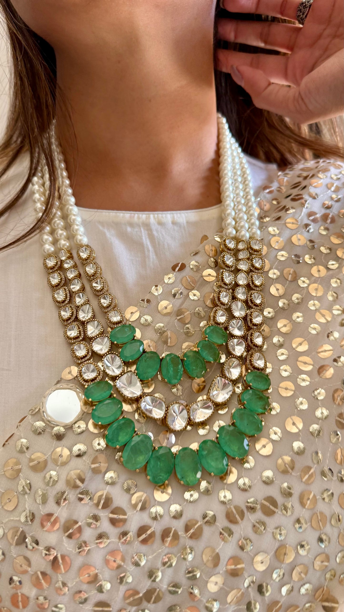 Mint three layered moissanite polki thread maharani haar