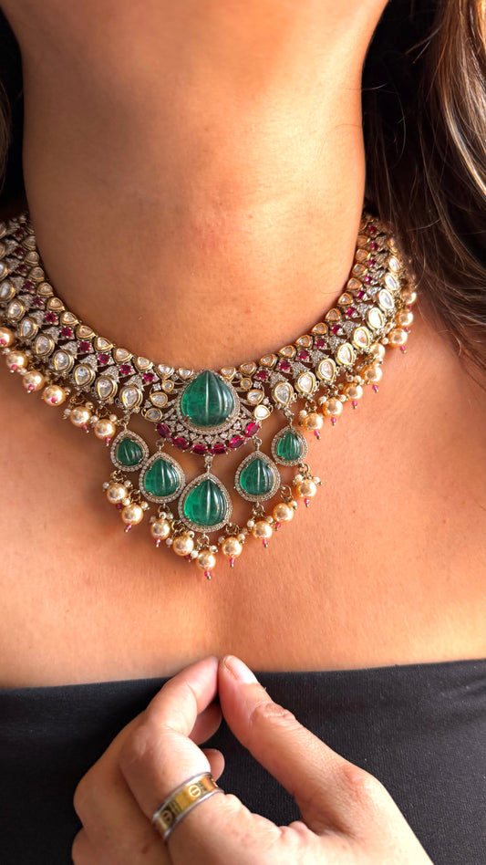Emerald & Ruby vintage necklace with polki detailing