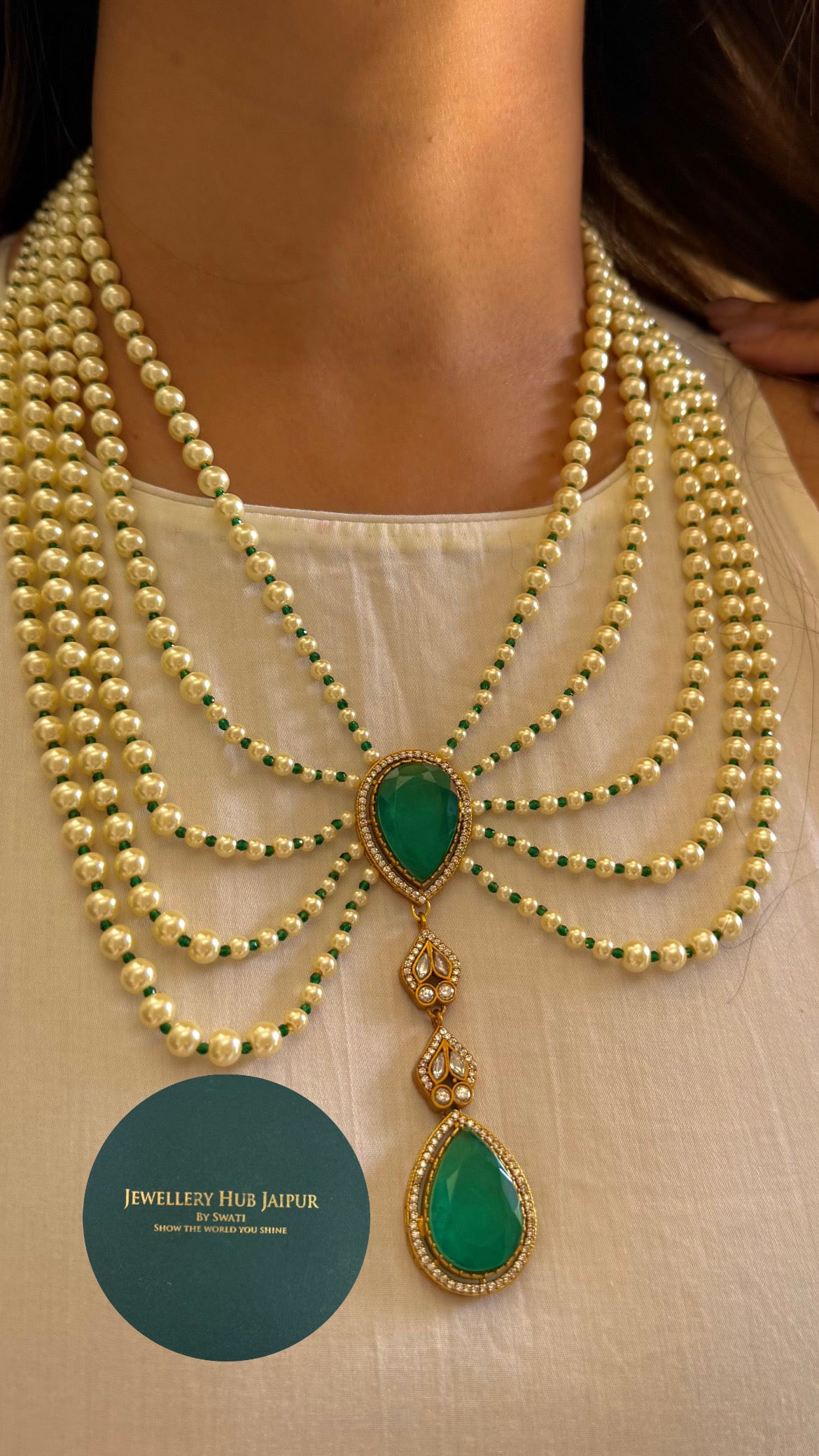Iqra Emerald moissanite designer mid length pearl necklace