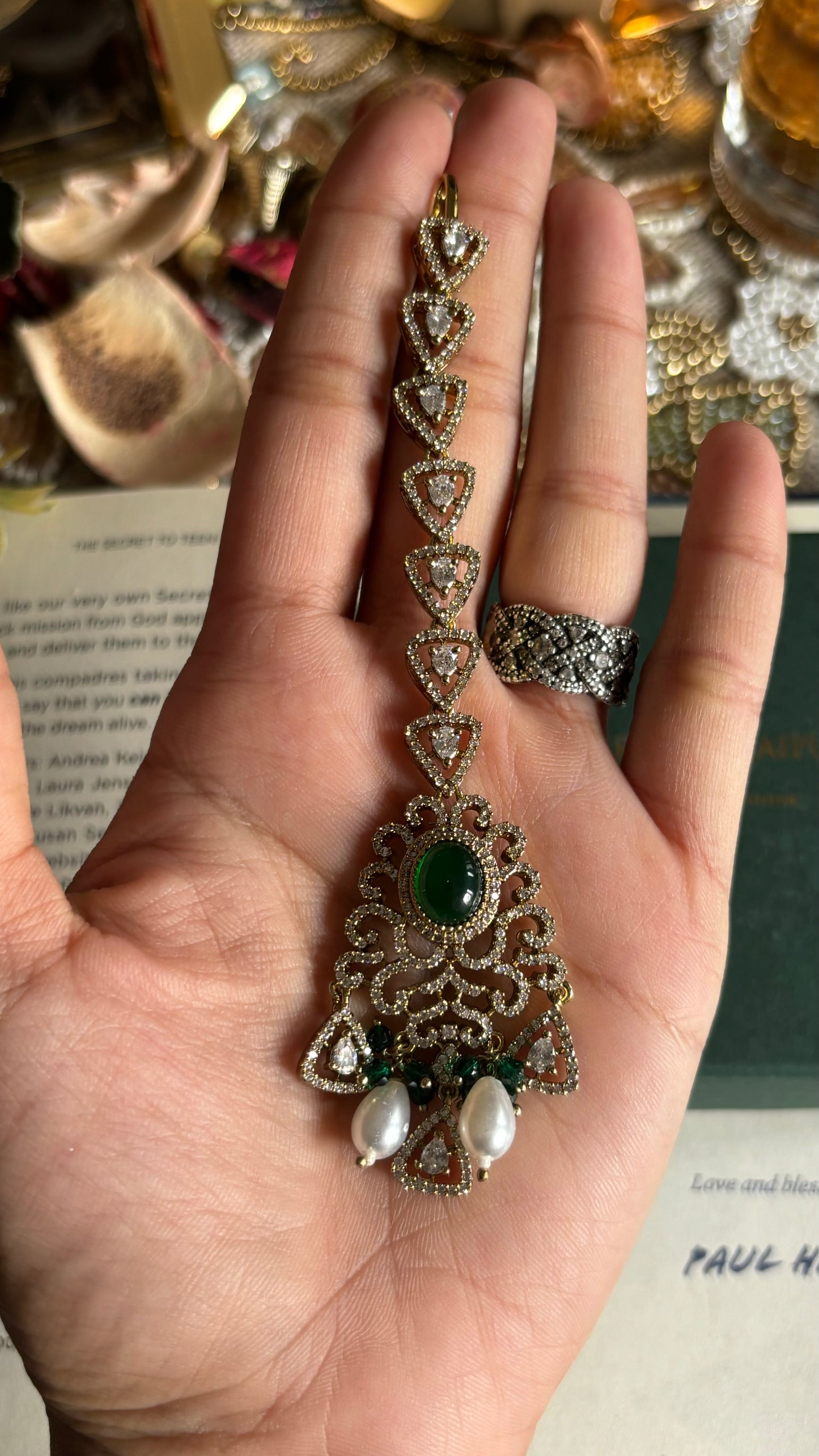 Victorian emerald, and diamond pearl drop maangtika