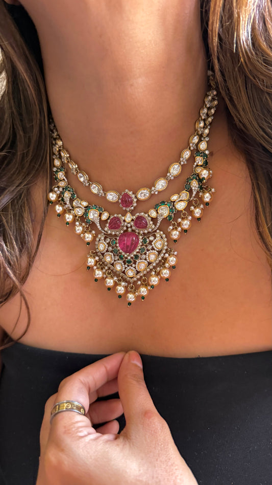 Lotus Pattern Inspired Mauve & Emerald Polki Necklace