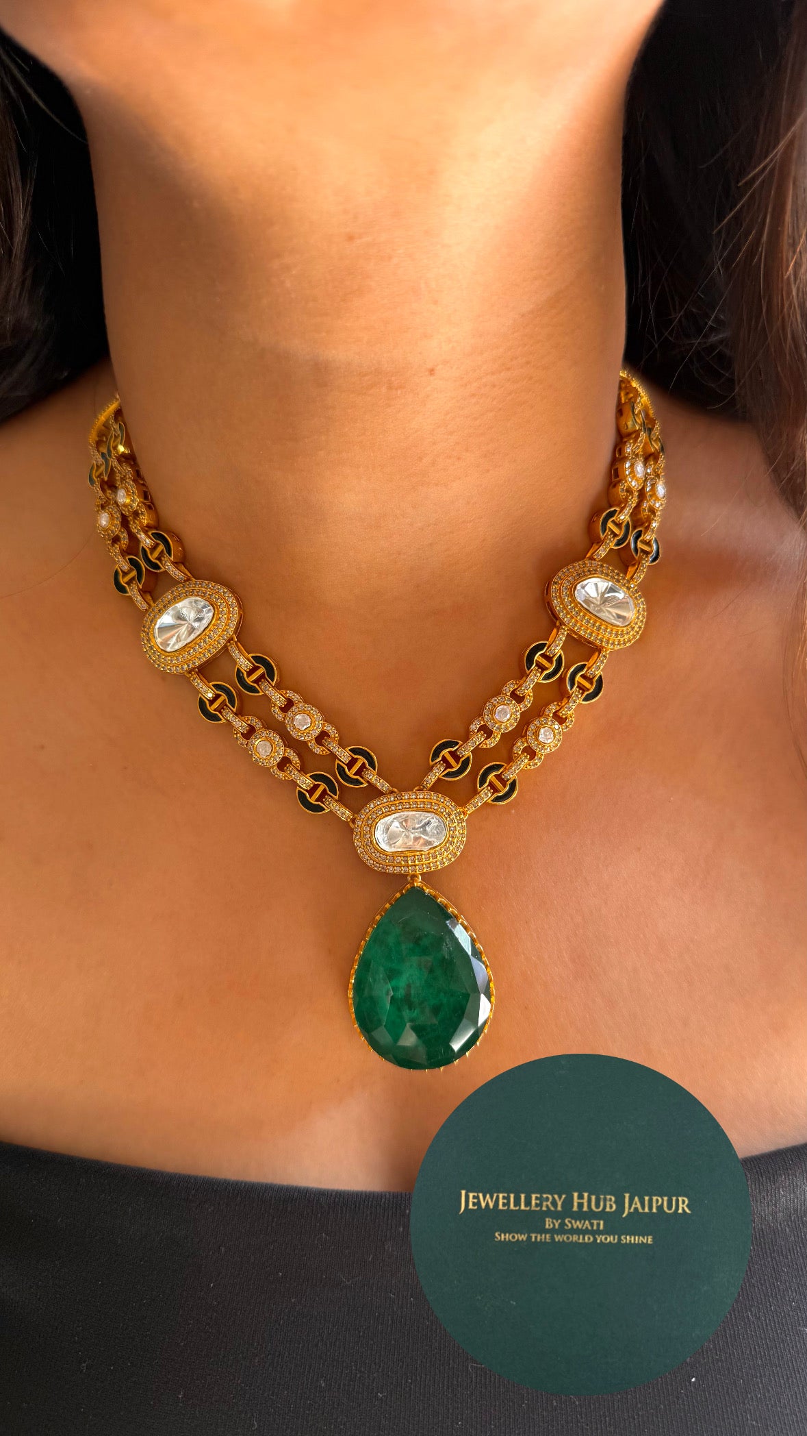 Emerald doublet & black meena cocktail necklace
