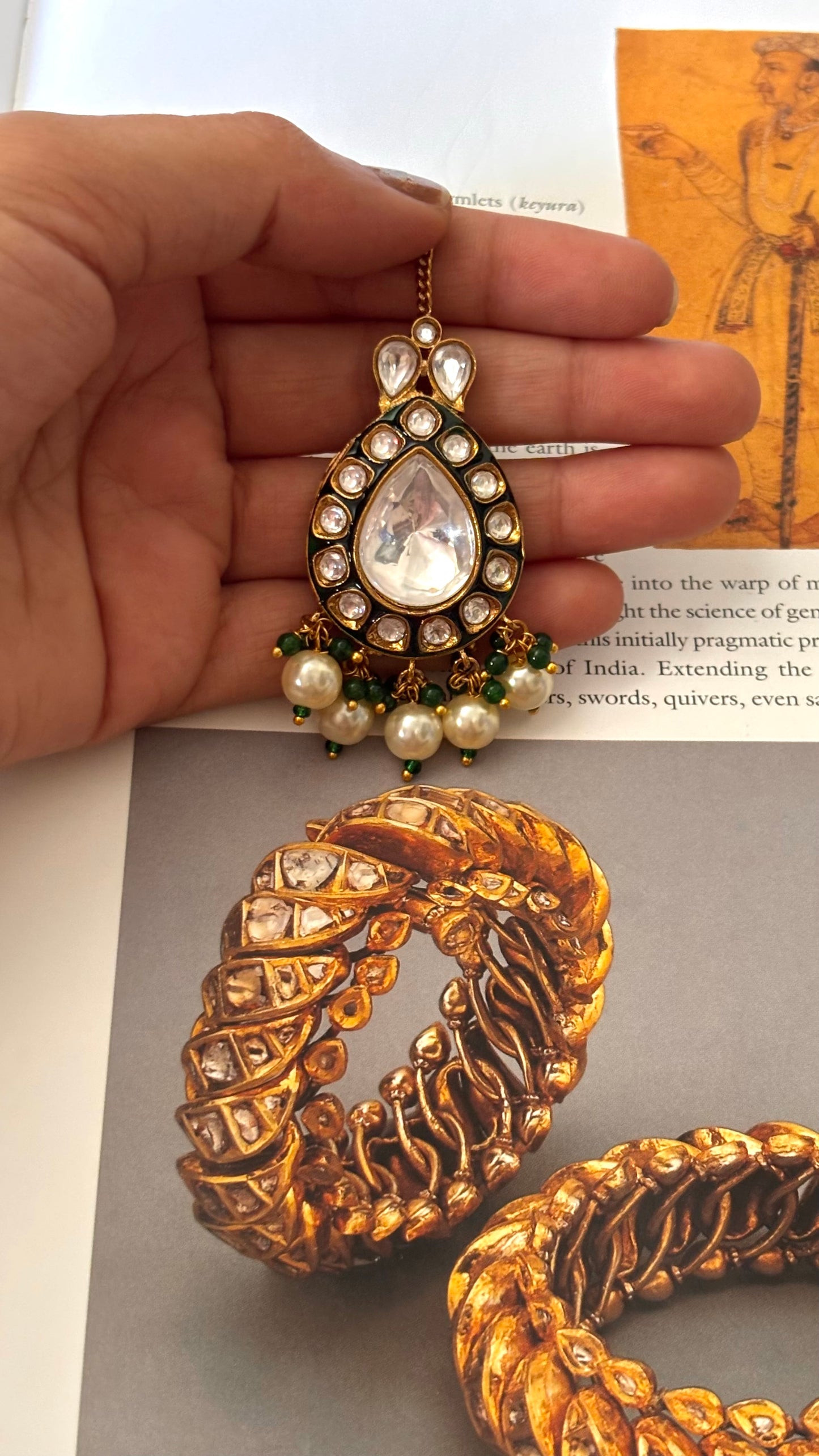 Emerald meenakari with drops maangtika