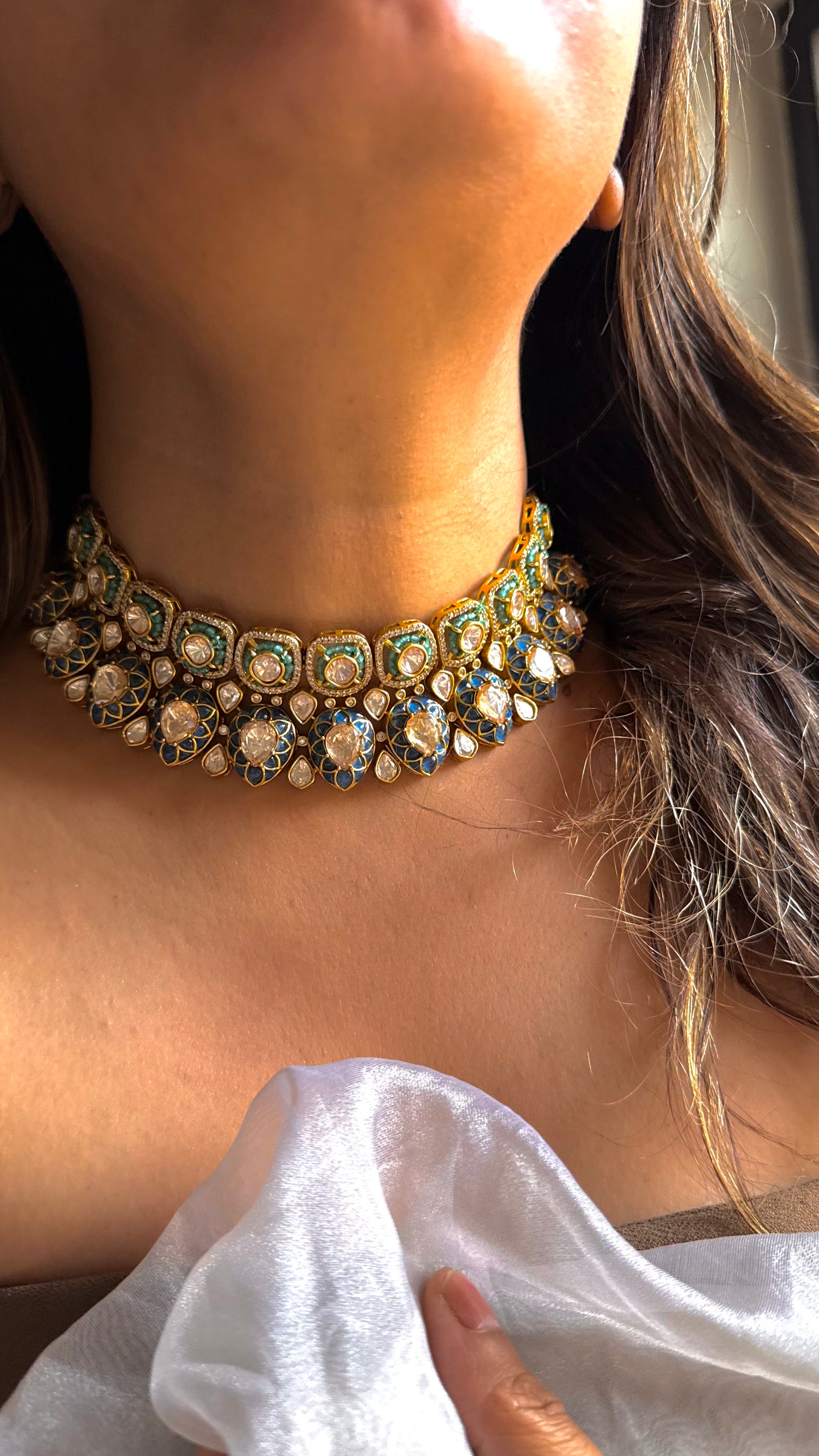 Sapphire & Turquoise Lv shade Polki Choker Necklace