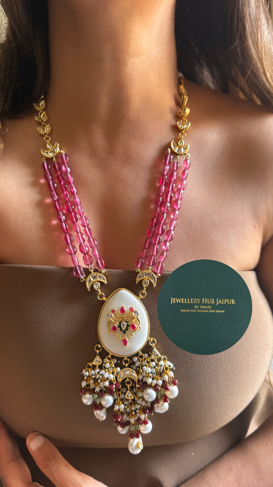 White inlay work & rani pink string meenakari paachi with pearl drop heritage long set
