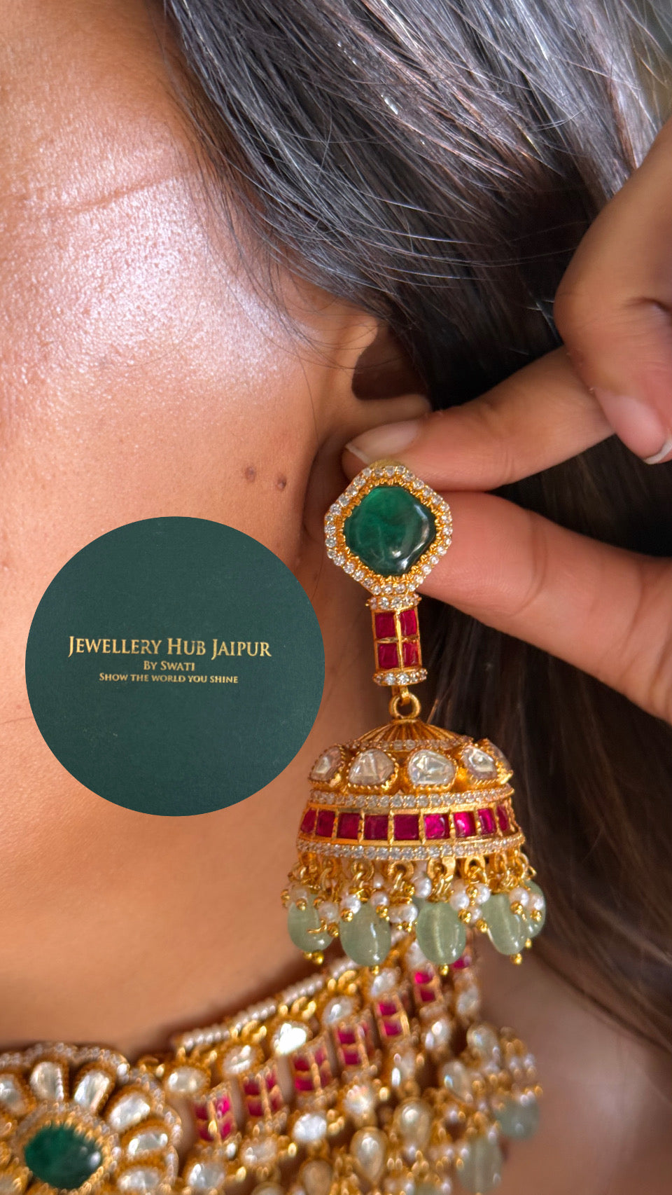 Real Moissanite statement Emerald & Rani pink katdana work choker