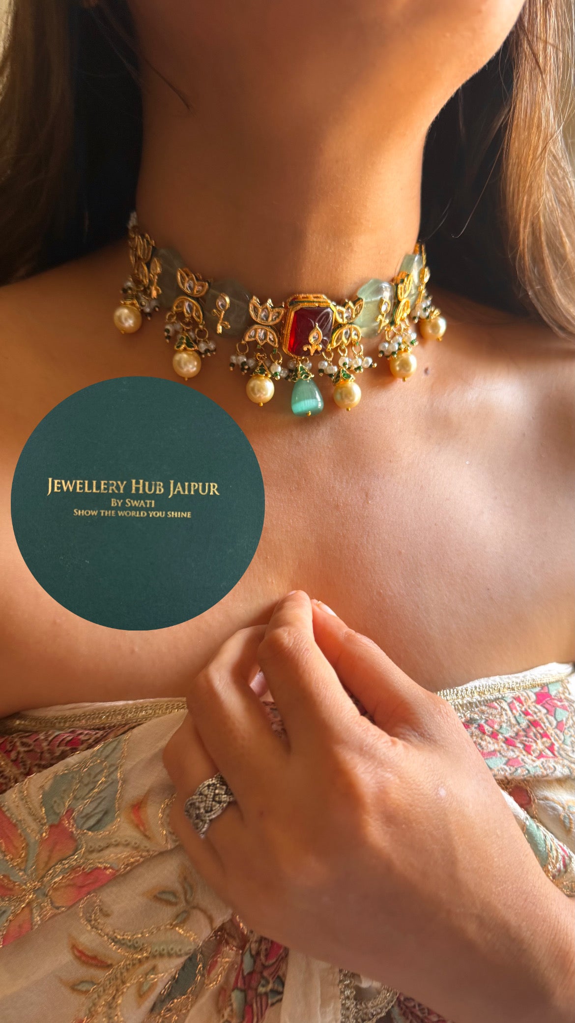 Ruby & mint inlay work & emerald meenakari paachi with pearl drop choker set