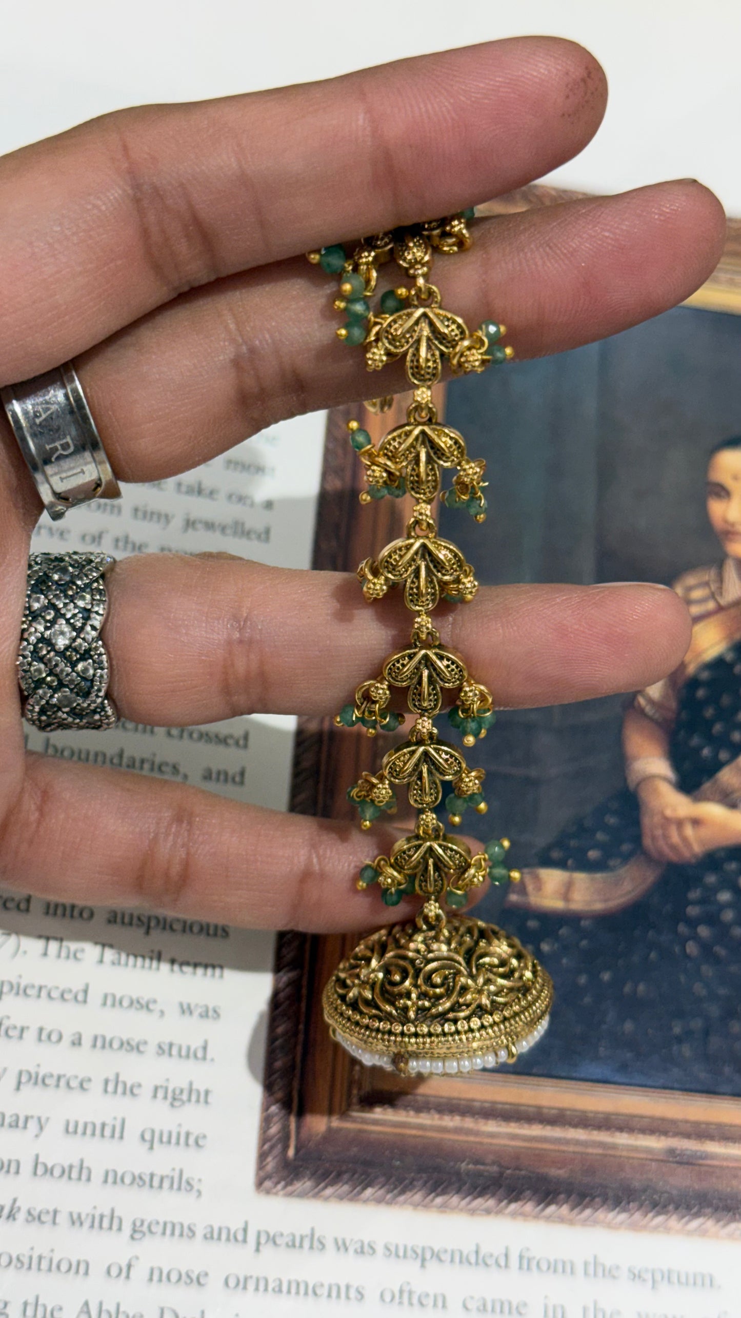 Oxidised gold nakshi borla with mint detailing