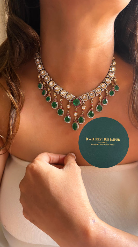 Emerald doublet & rani pink moissanite designer collar set