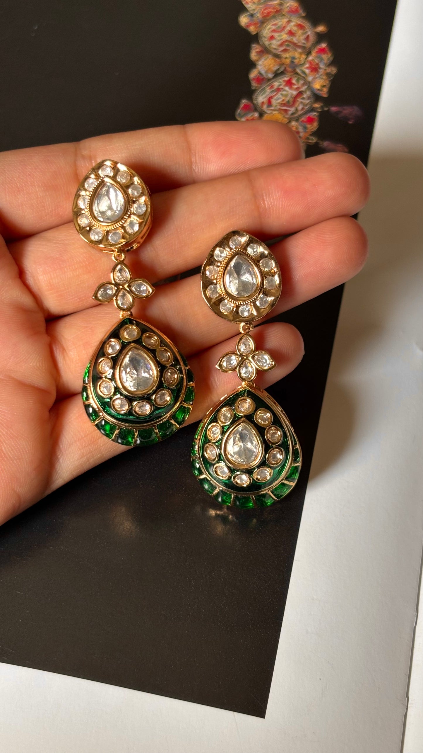 Emerald Moissanite polki meenakari danglers