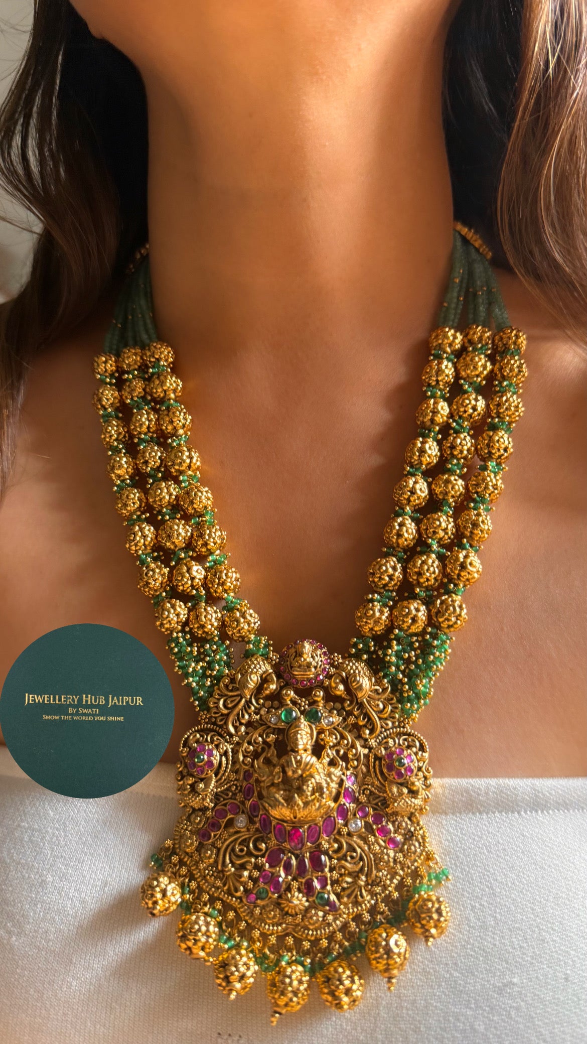 Goddess laxmi emerald & golden & mint string temple long set