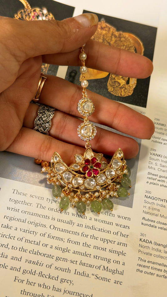 Rani pink & emerald real moissanite with mint drop maangtika