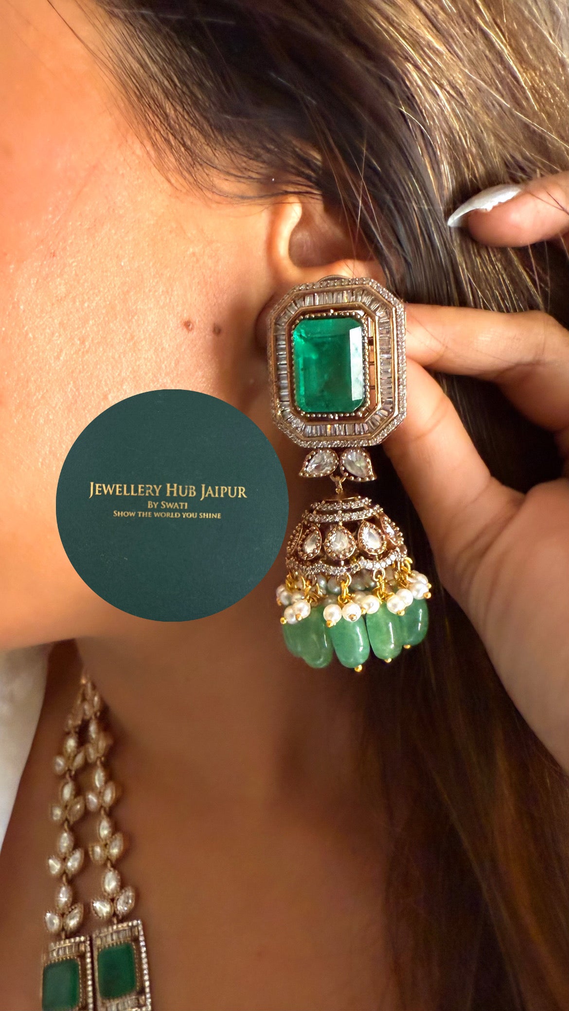 Vandana emerald Moissanite peacock mid length necklace