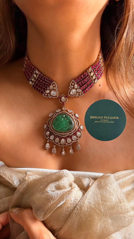 Ruby & panna moissanite designer collar necklace