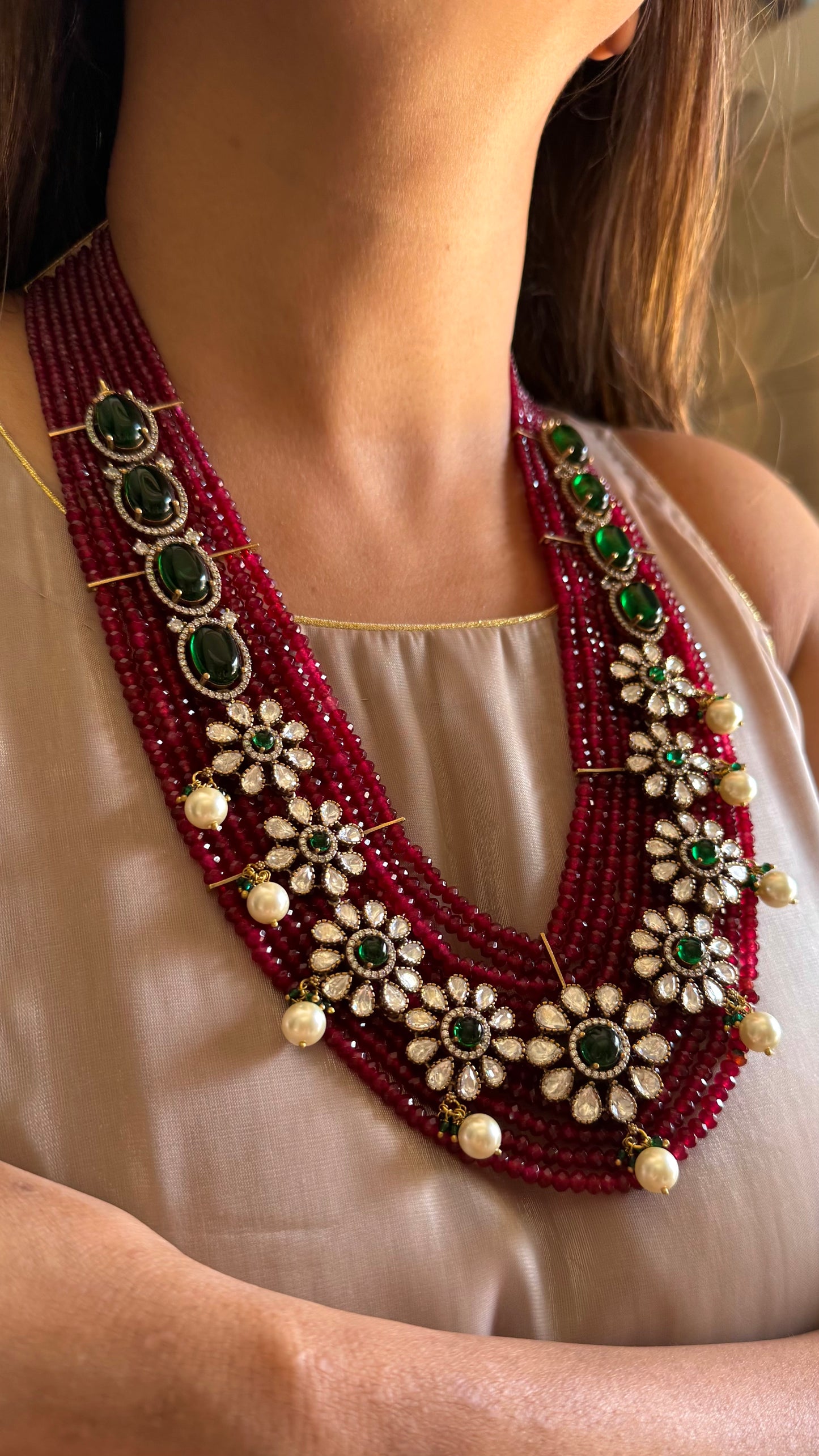 Vrishti Emerald & Ruby Moissanite Chandi polki necklace
