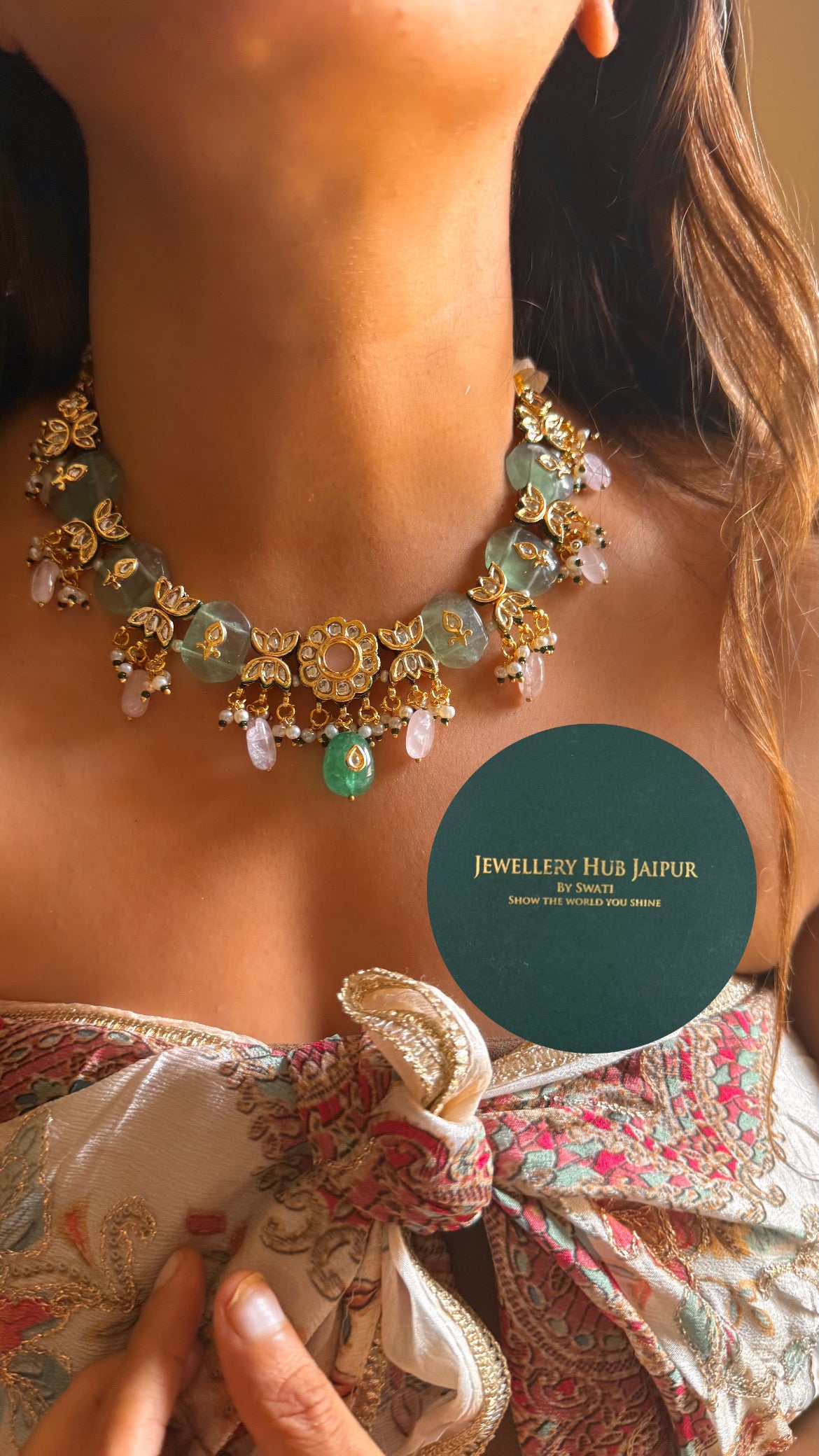 Mint inlay work with rose quartz & emerald drops & emerald meenakari paachi collar set