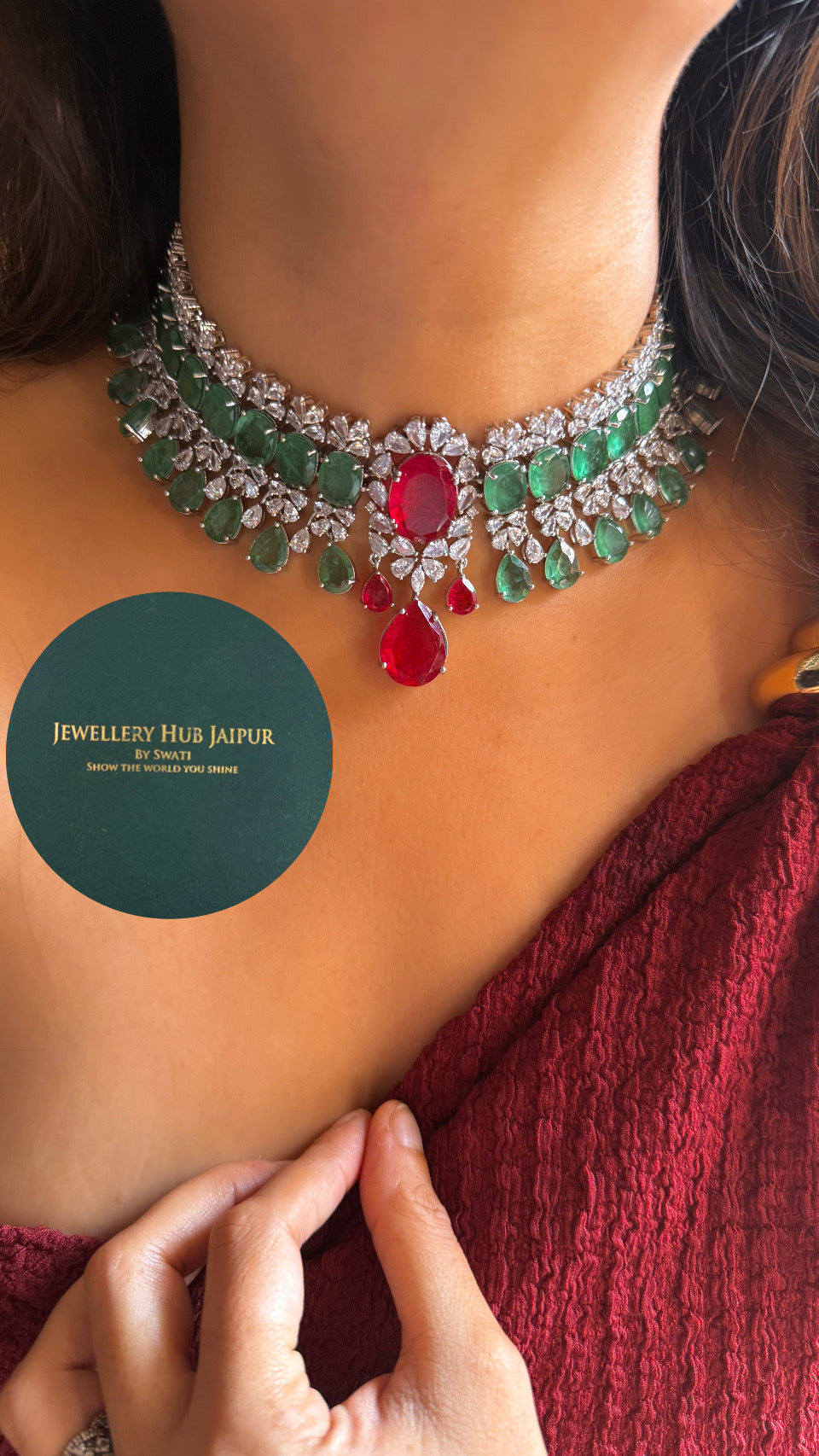 Sage Green & Ruby cz diamond necklace set