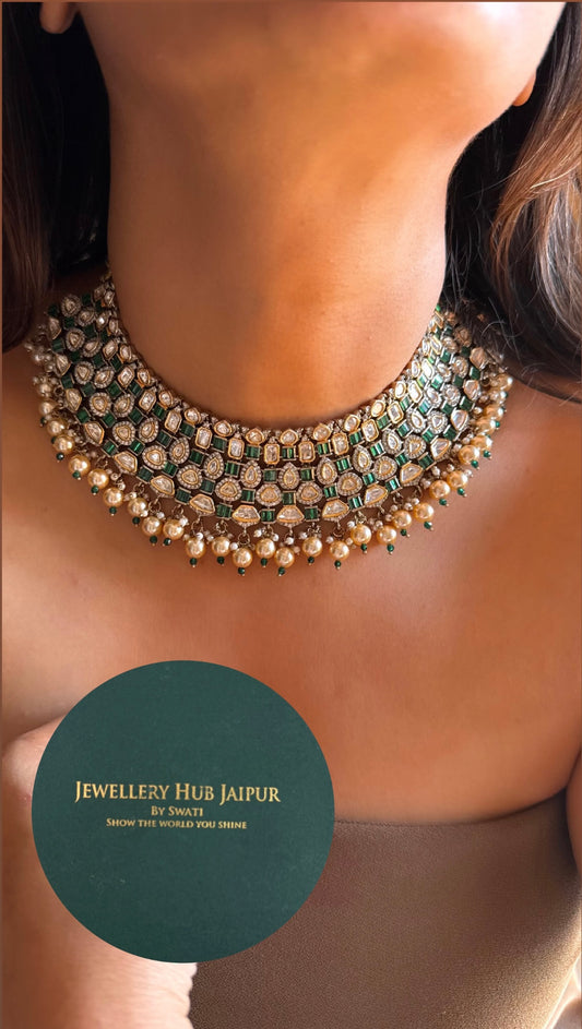 Emerald real moissanite with drops choker set