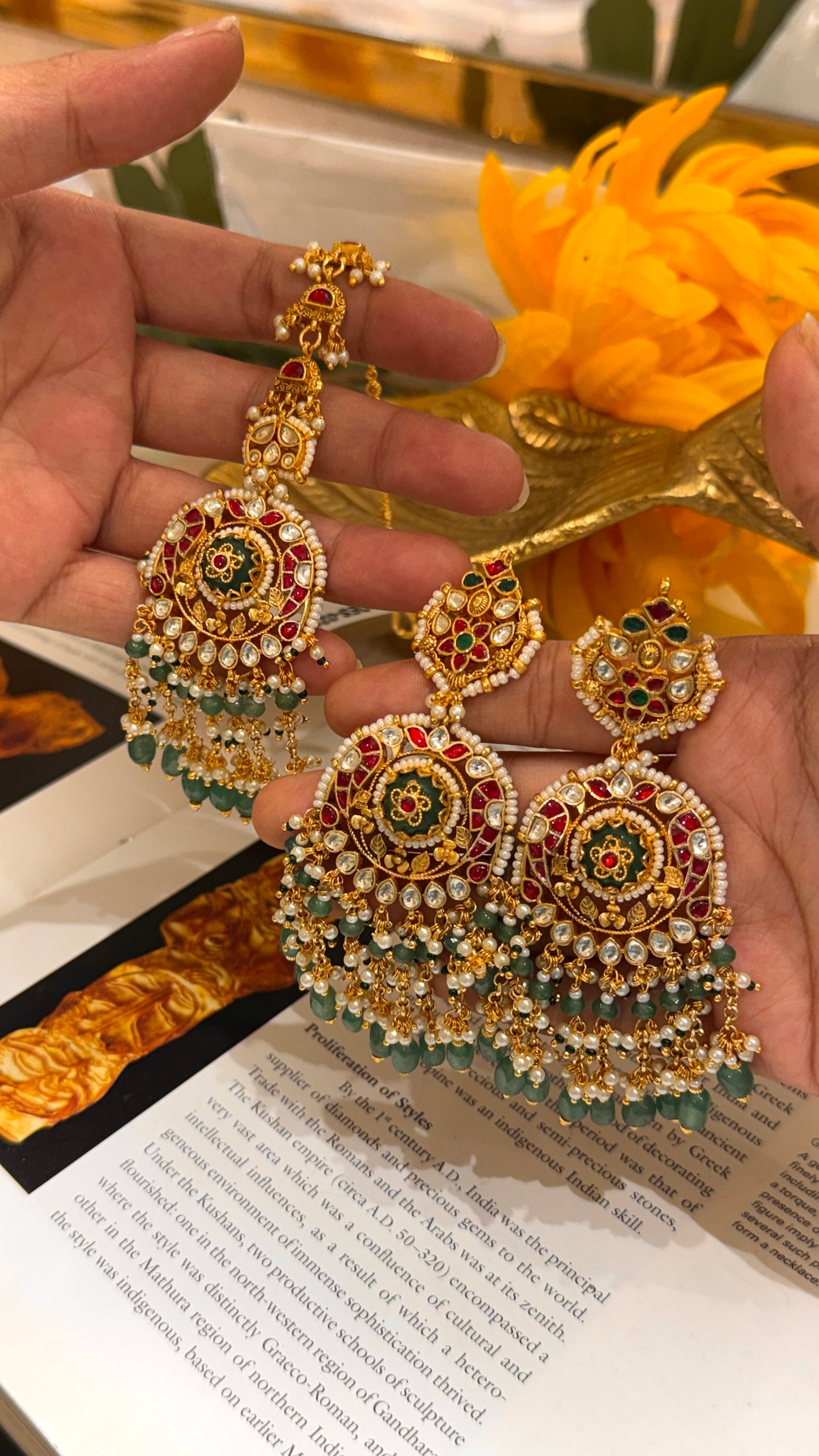 Emerald inlay heritage ruby & strawberry drops maangtika with earrings combo