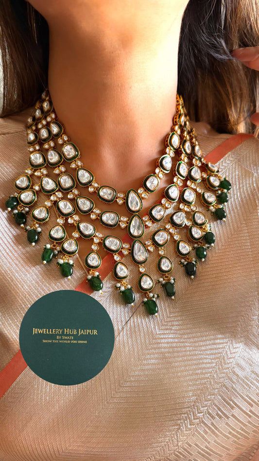 Ankita emerald meenakari polki three layer necklace