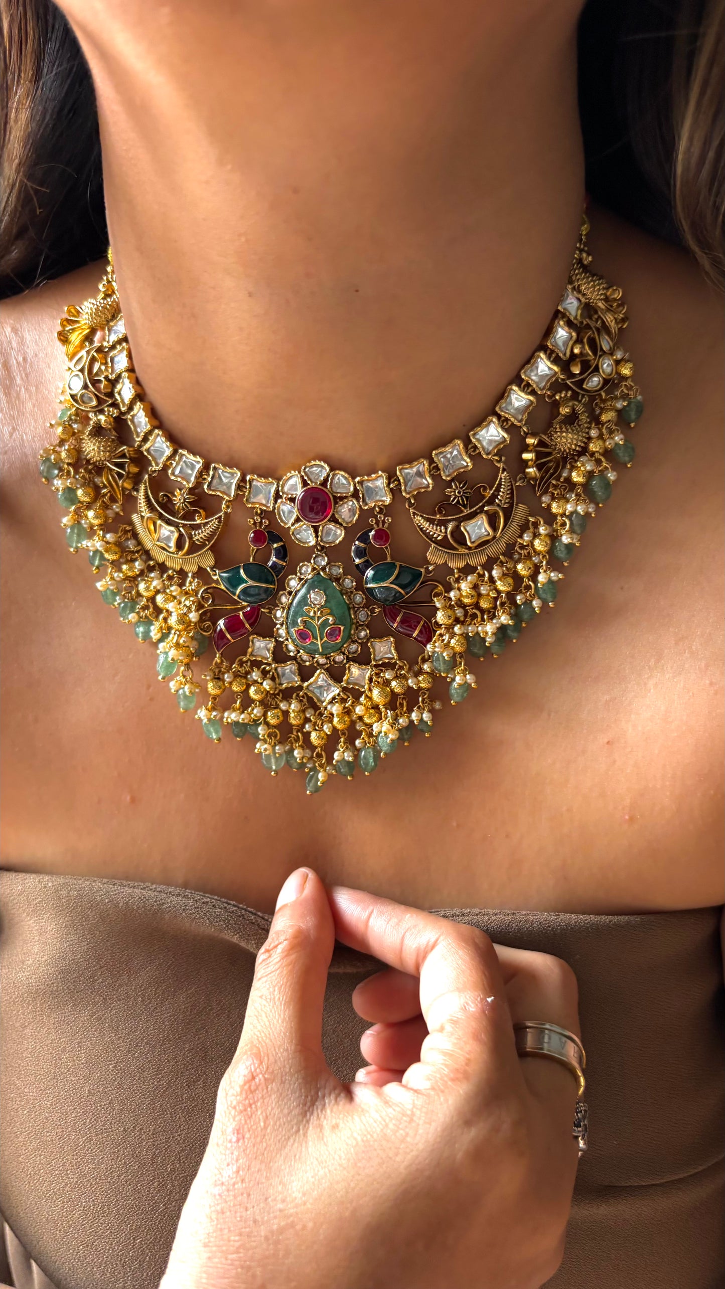 Ruby & Emerald inlay peacock inspired necklace