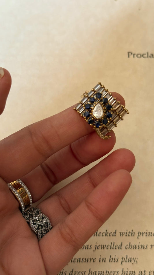 Sapphire moissanite uncut polki designer cocktail adjustable ring