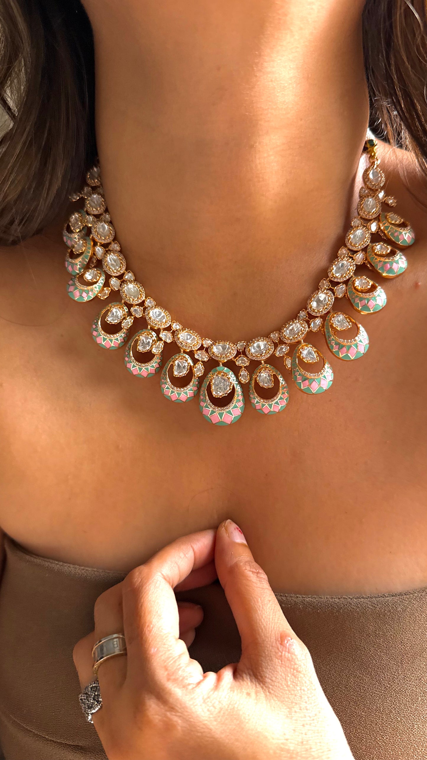 Pink & firoza meenakari necklace with polki detailing