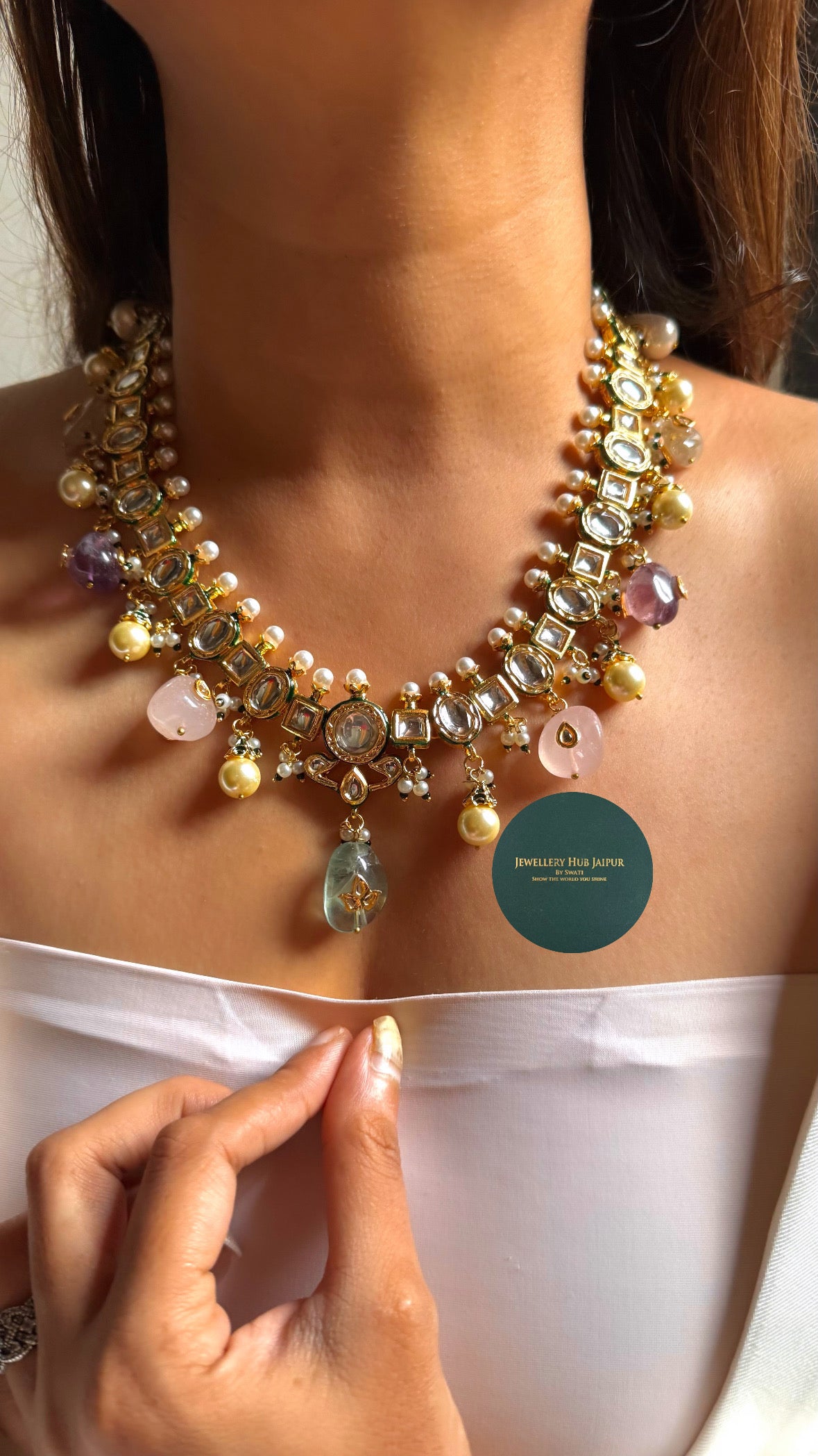 Shades of pink with mint paachi Kundan collar set