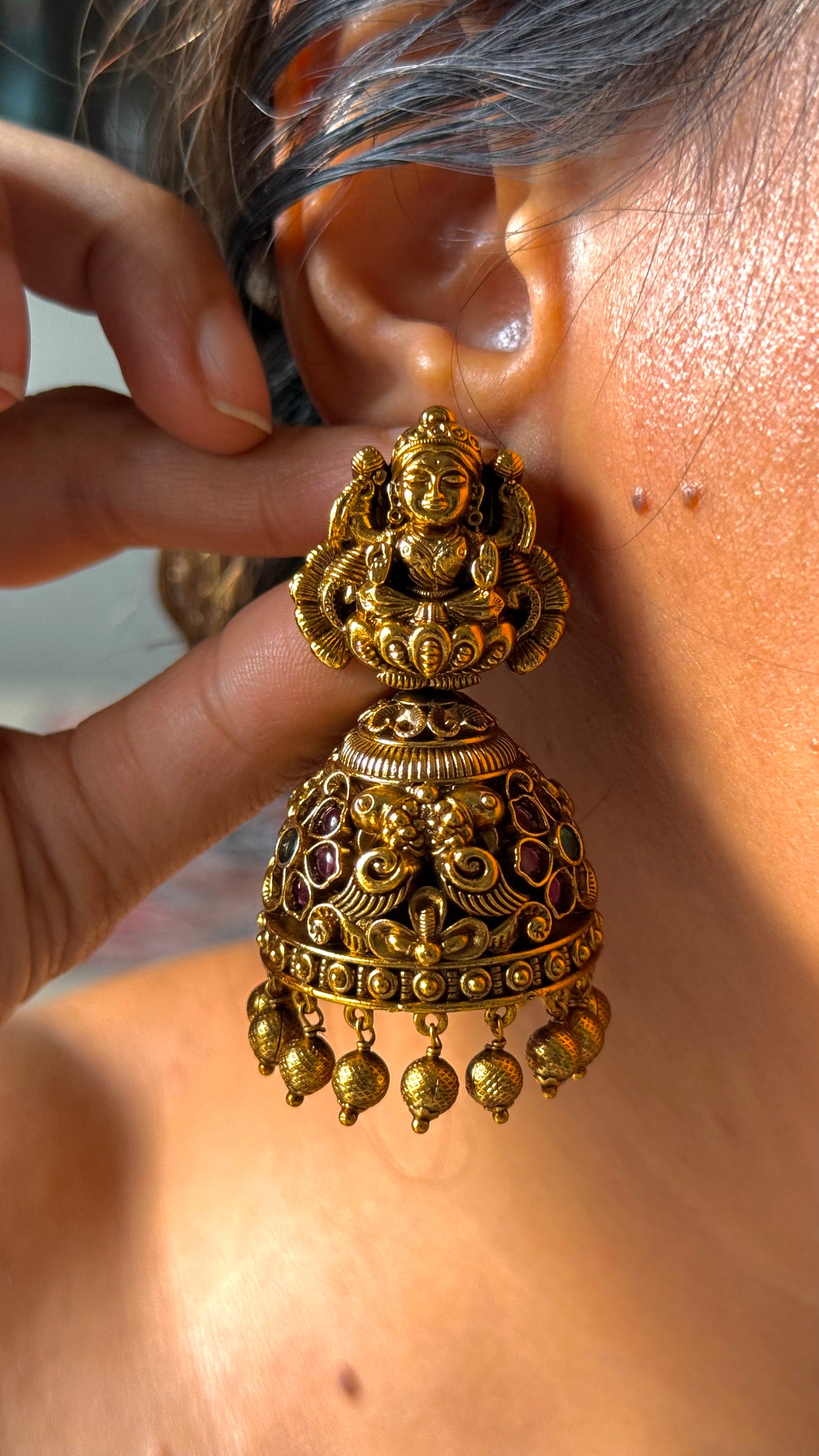 Goddess Laxmi Temple oxidised, gold jhumka