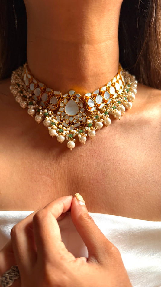 Mother of pearl with mint & pearl drop rajwada set