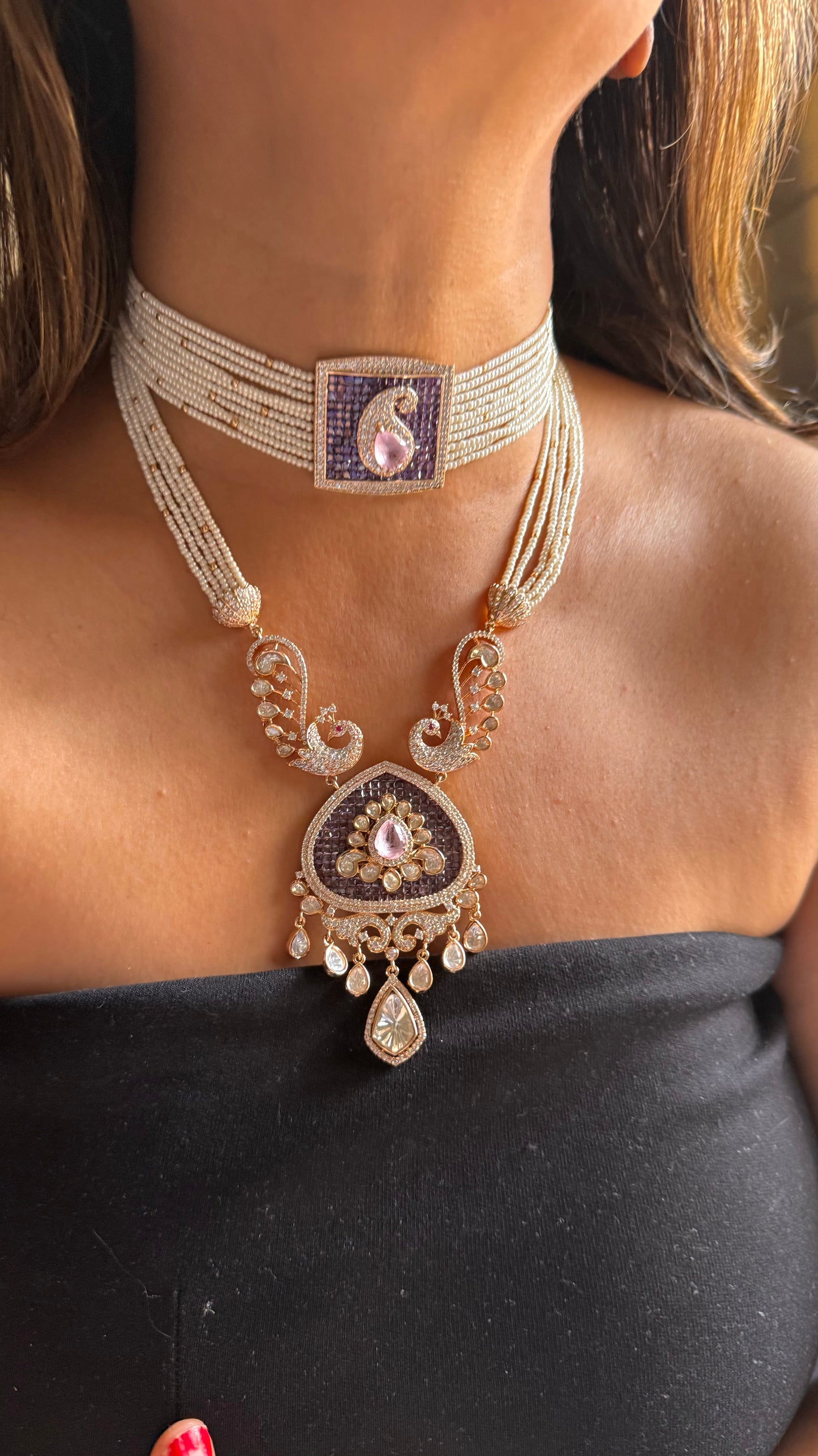 Tanzanite & rose, quartz design, designer necklace combo