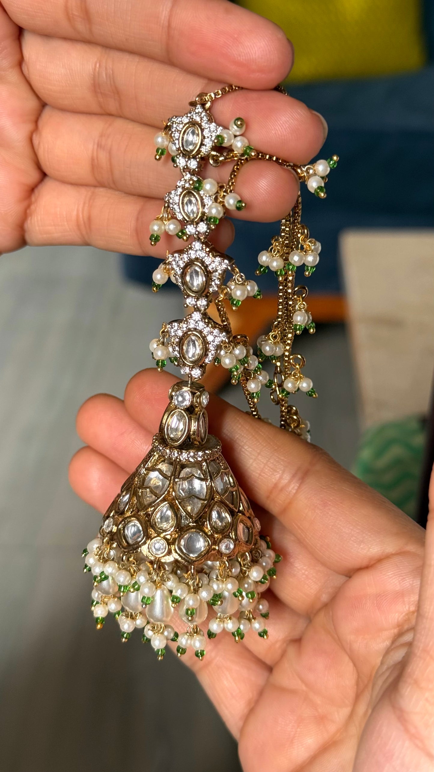 Polki Jhumki pearl detailing with attach kaan chain earrings