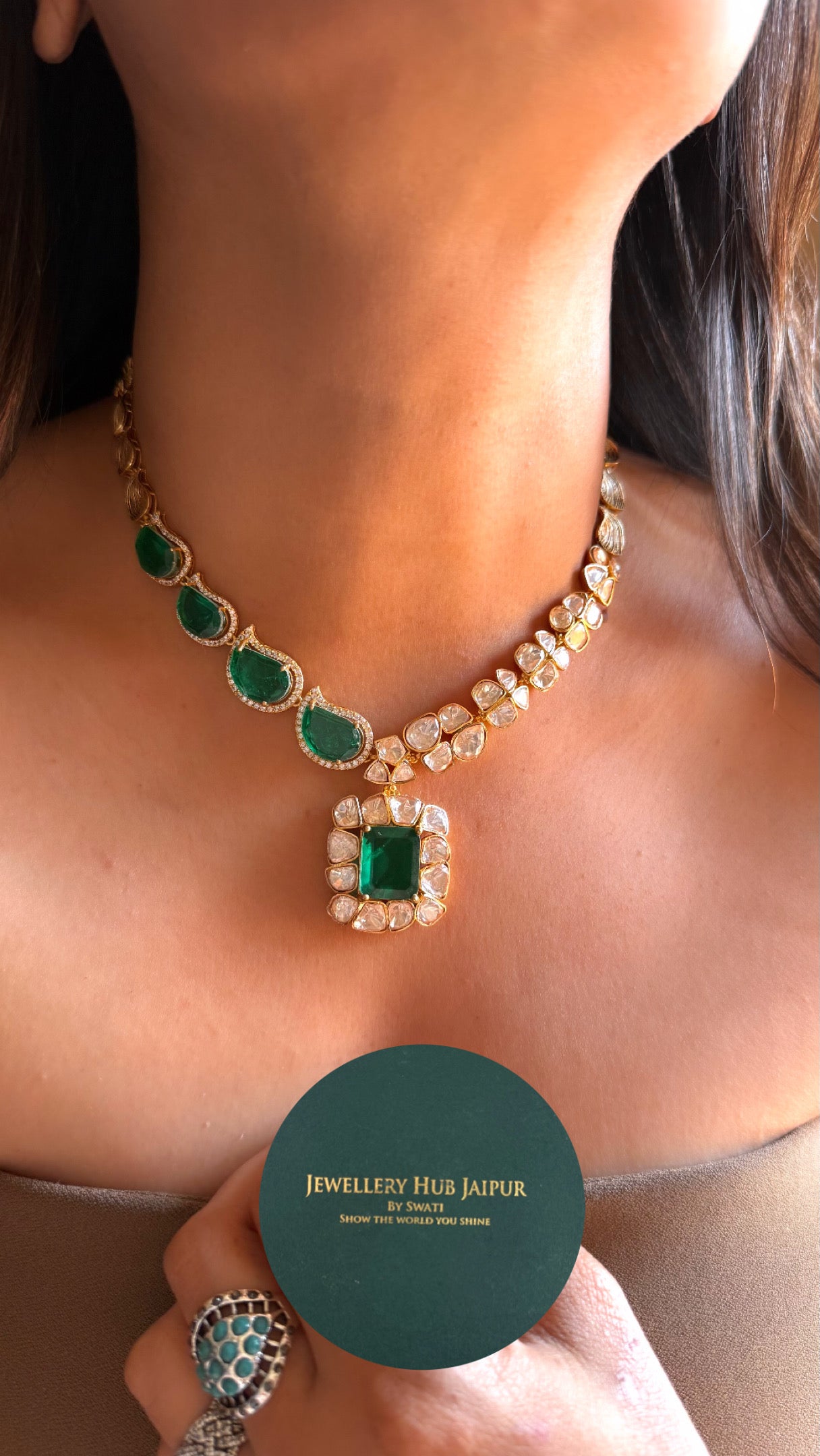 Emerald doublets with peeli polki Moissanite Necklace