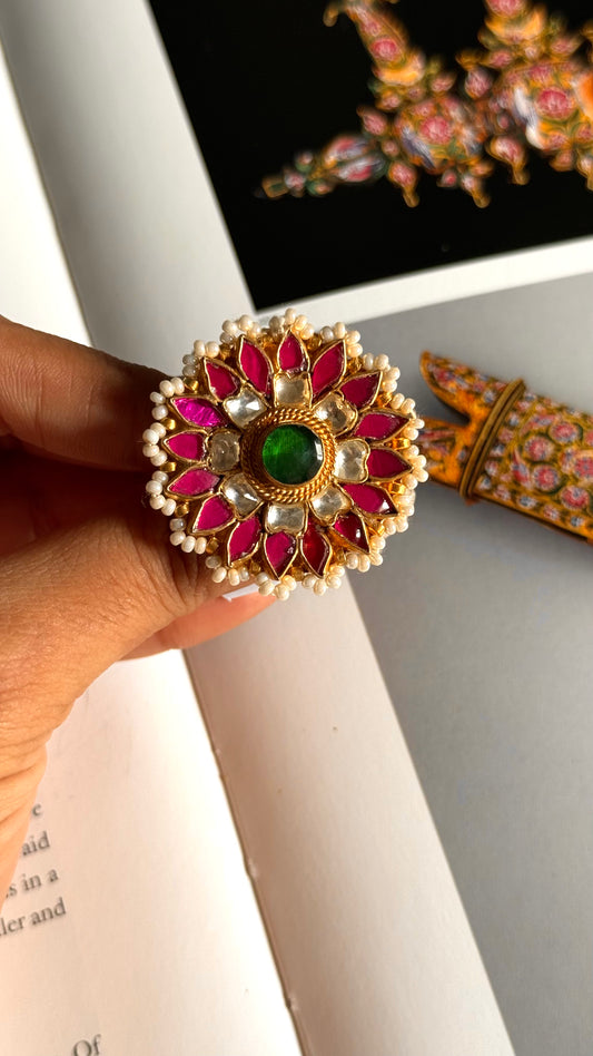 Emerald doublet & rani pink heritage sunflower adjustable ring