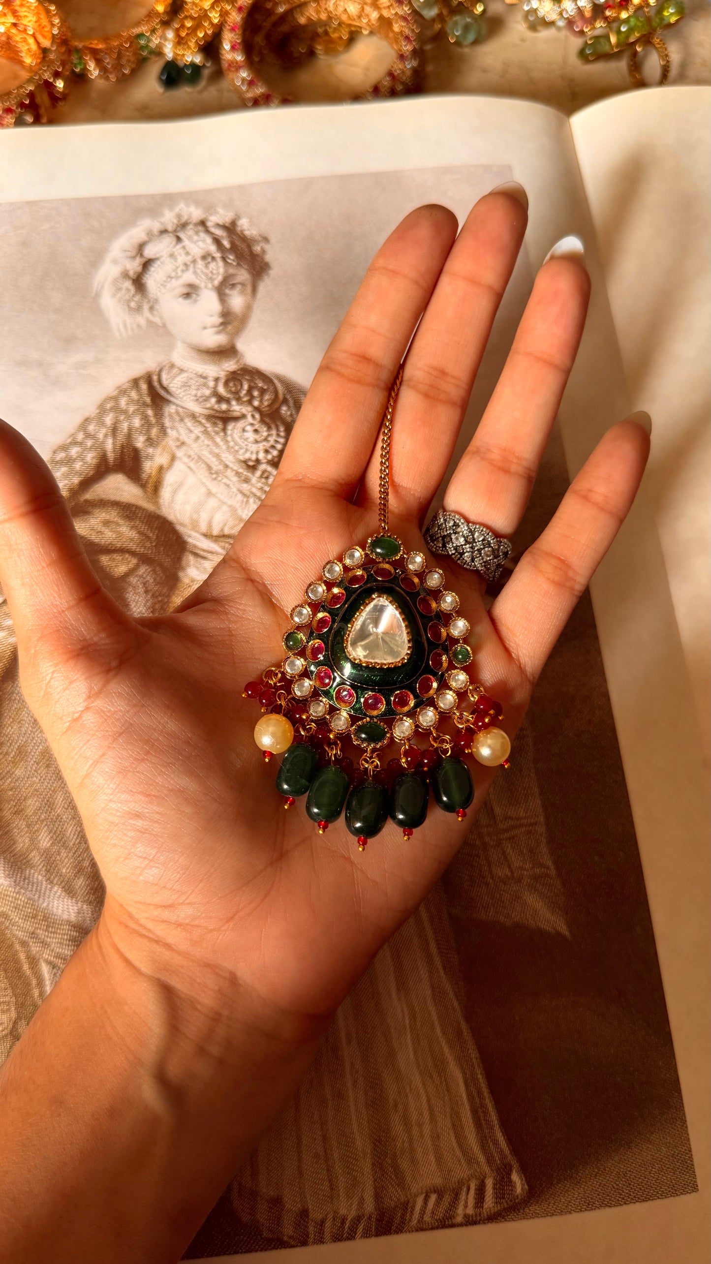 Emerald meenakari & ruby moissanite maangtika