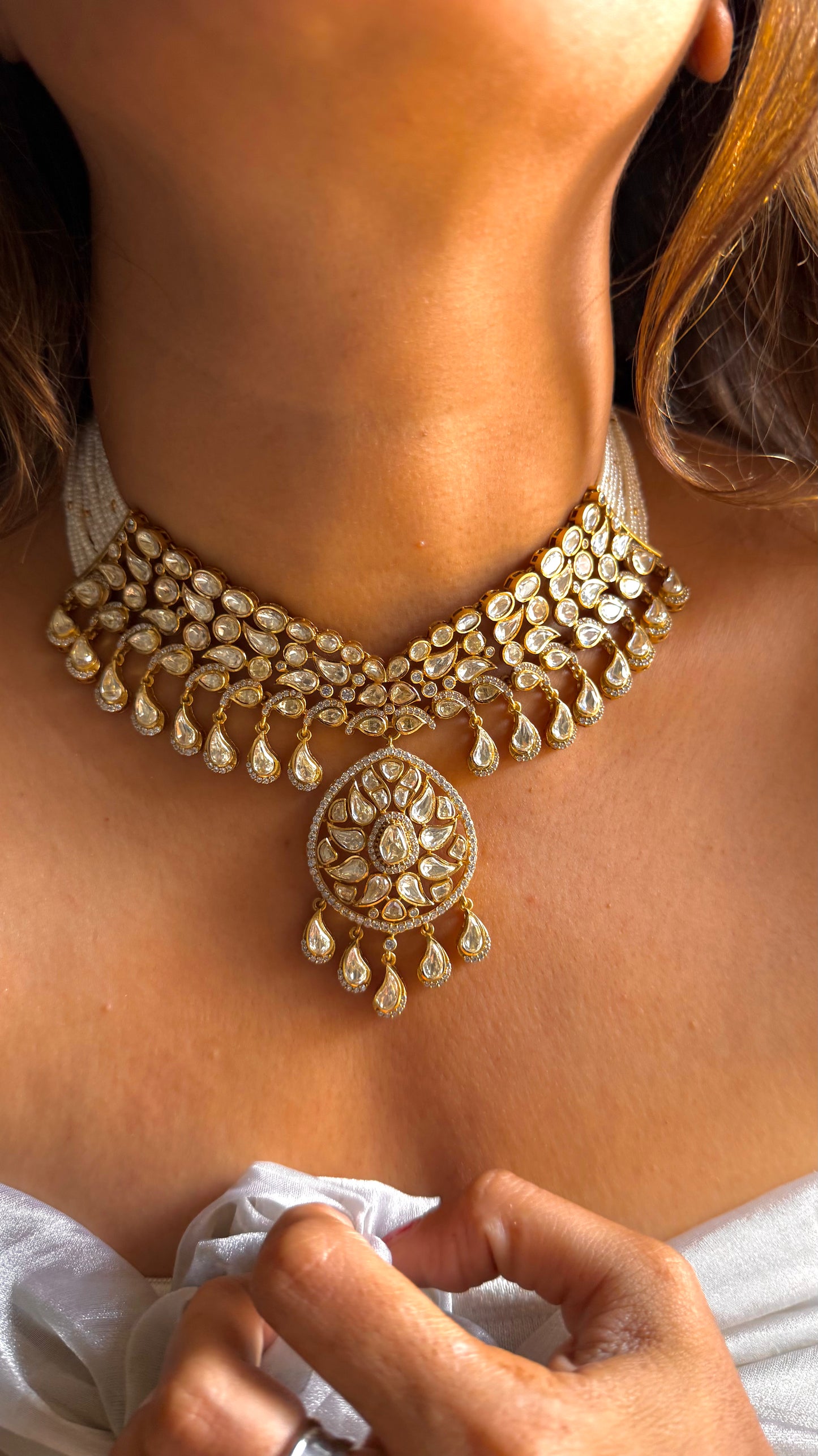 Pearl string real moissanite lv polki necklace