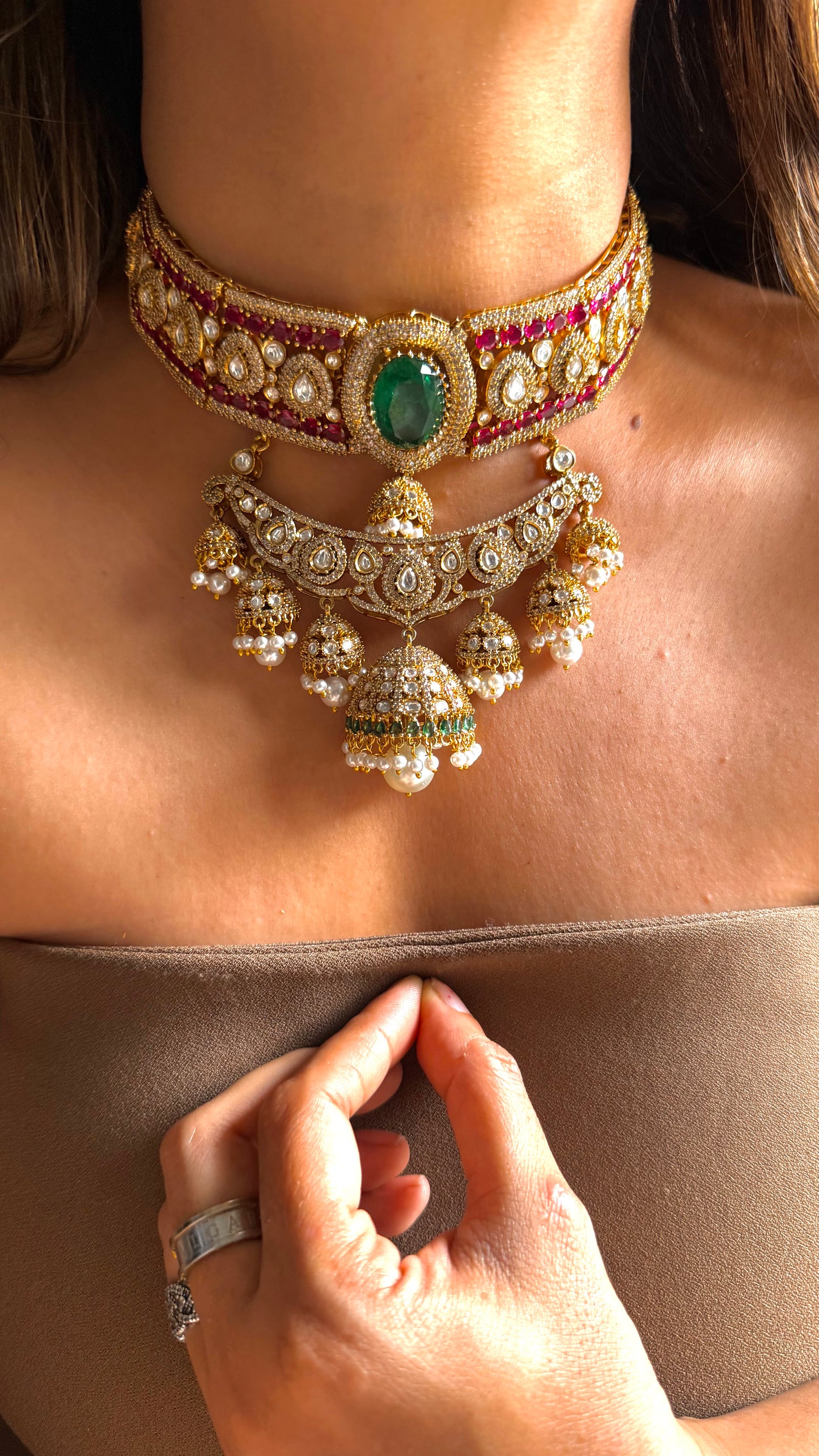 Emerald & Rani Pink jhumki necklace with pearl detailing