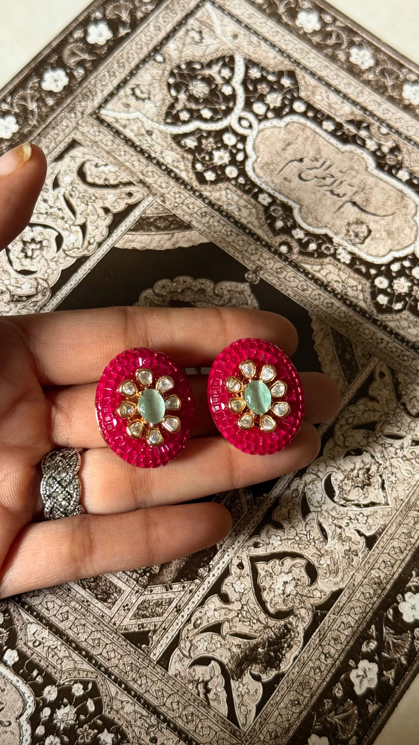 Rani pink & mint doublet floral studs