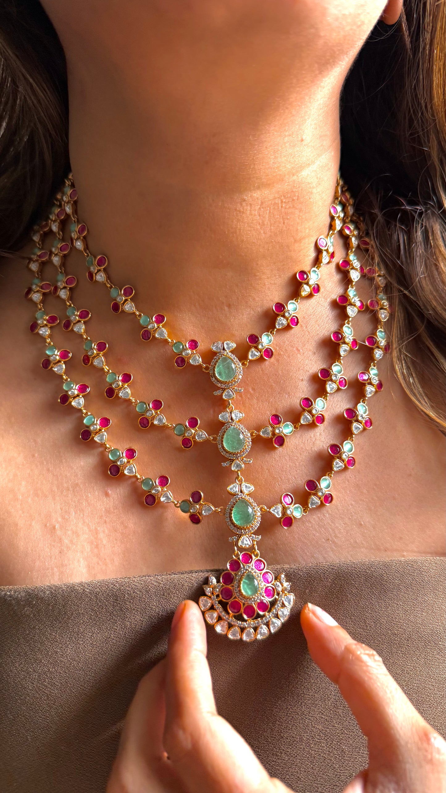 Triple layer mint and Rani pink Amrapali necklace