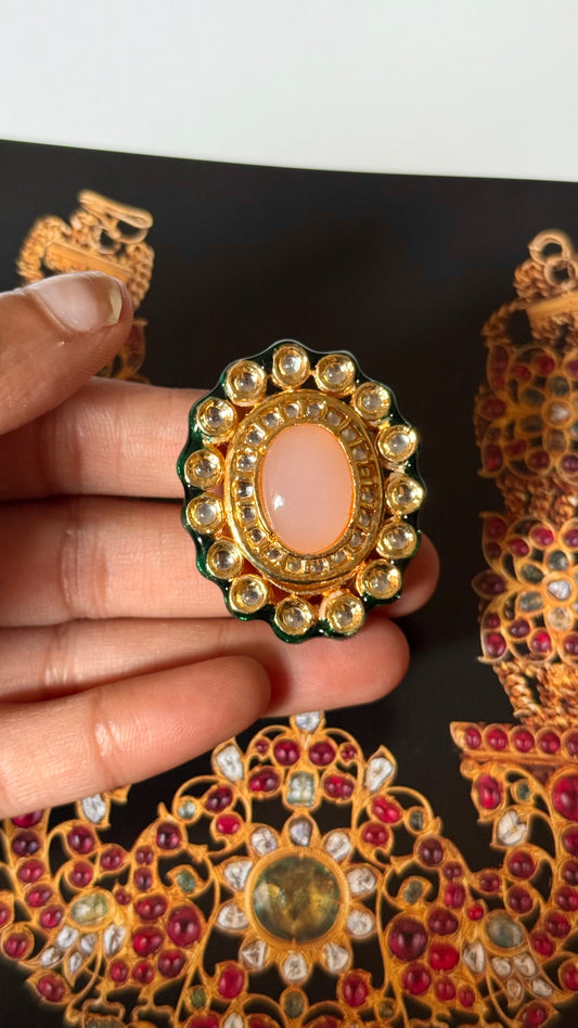 Rose quartz & meenakari paachi adjustable ring