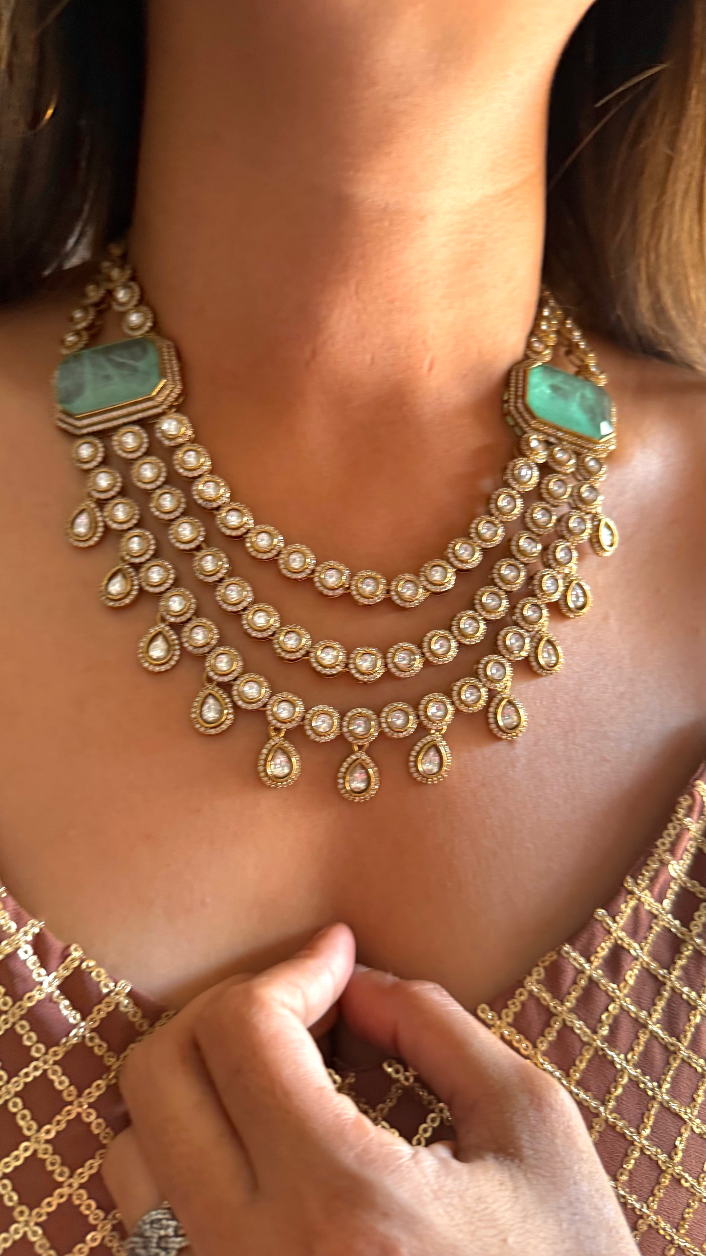 Chitra Mint doublet moissanite triple layer collar necklace