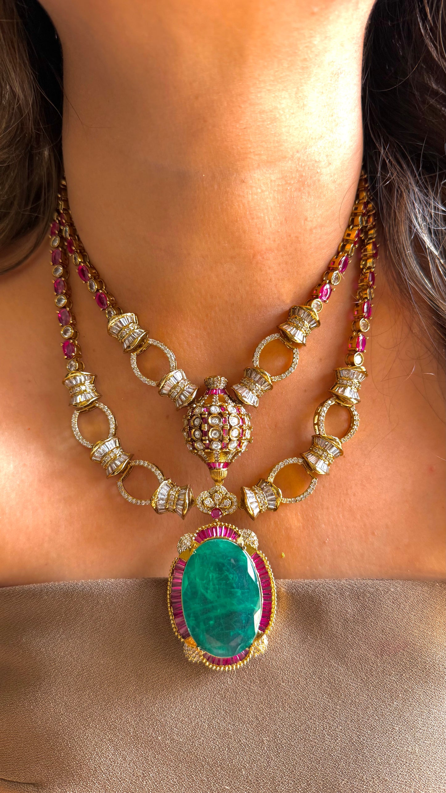 Emerald doublet & Rani Pink designer dual line Necklace