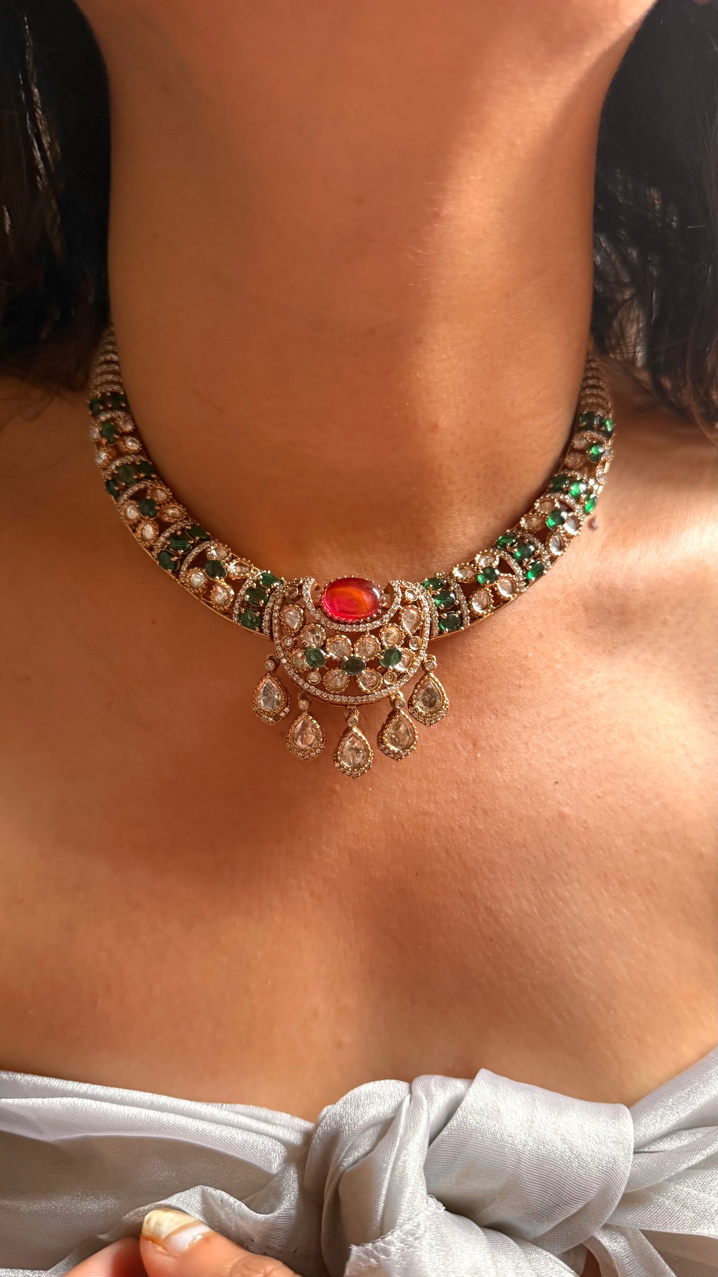 Ruby doublet & emerald moissanite collar set