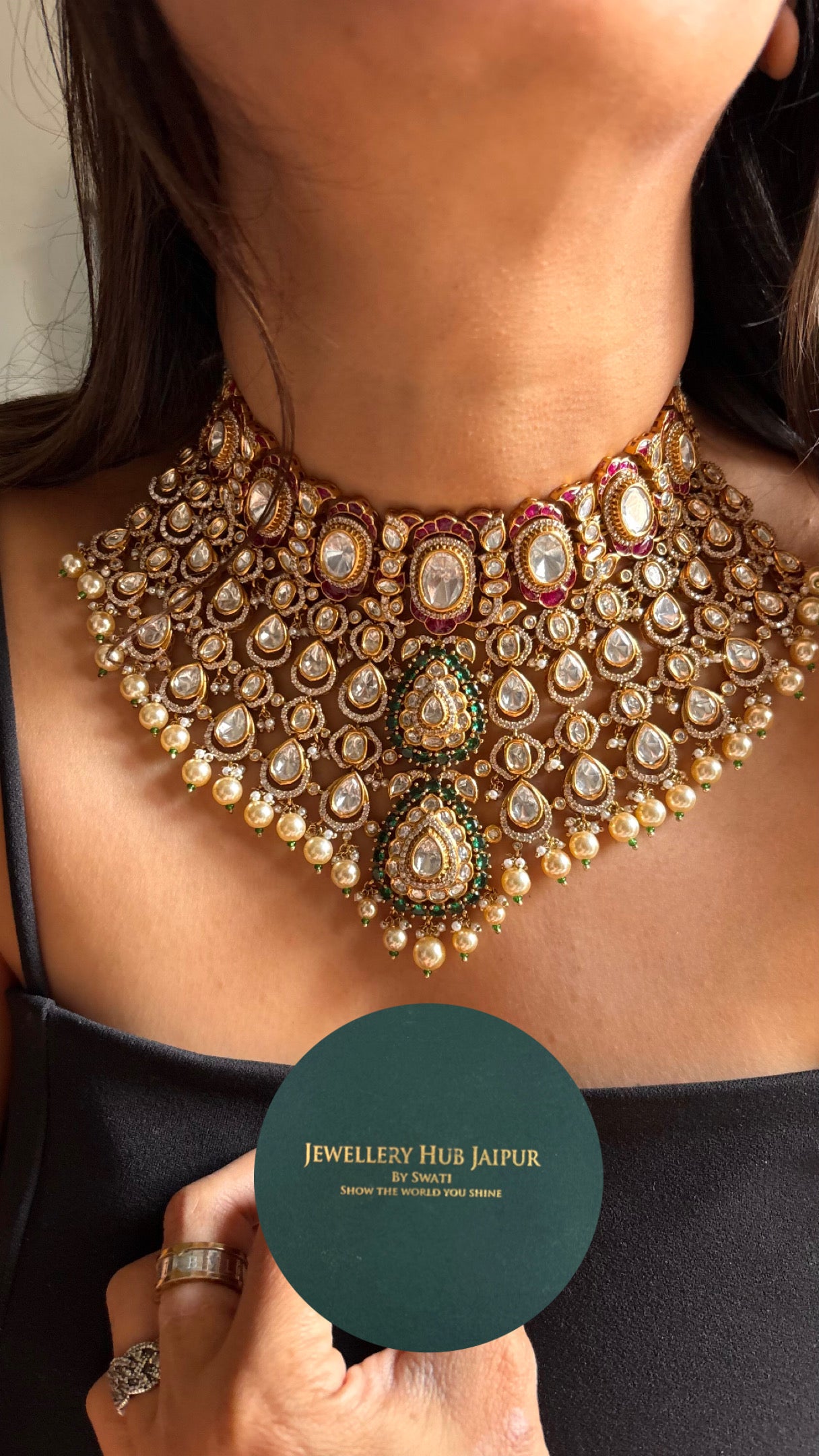 Bridal Asia Rani pink with emerald pearl drops choker Necklace