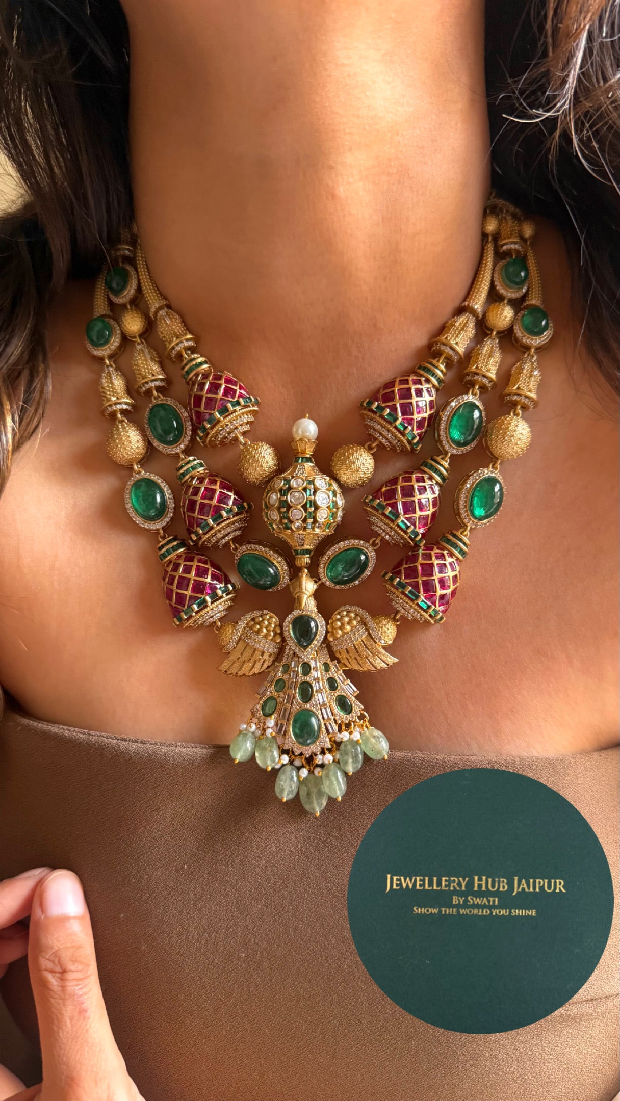 Emerald & Rani pink contemporary Necklace