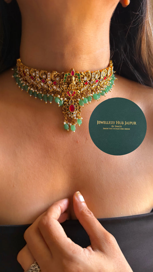 Goddess laxmi & rani pink & emerald with mint drop temple choker set