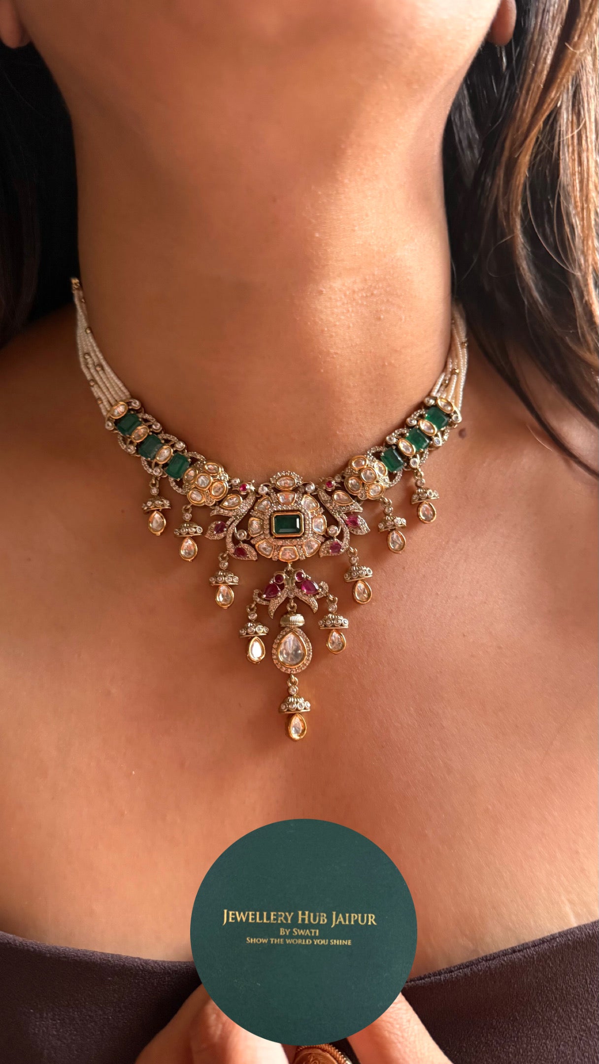 Vintage emerald with Rani pink statement necklace