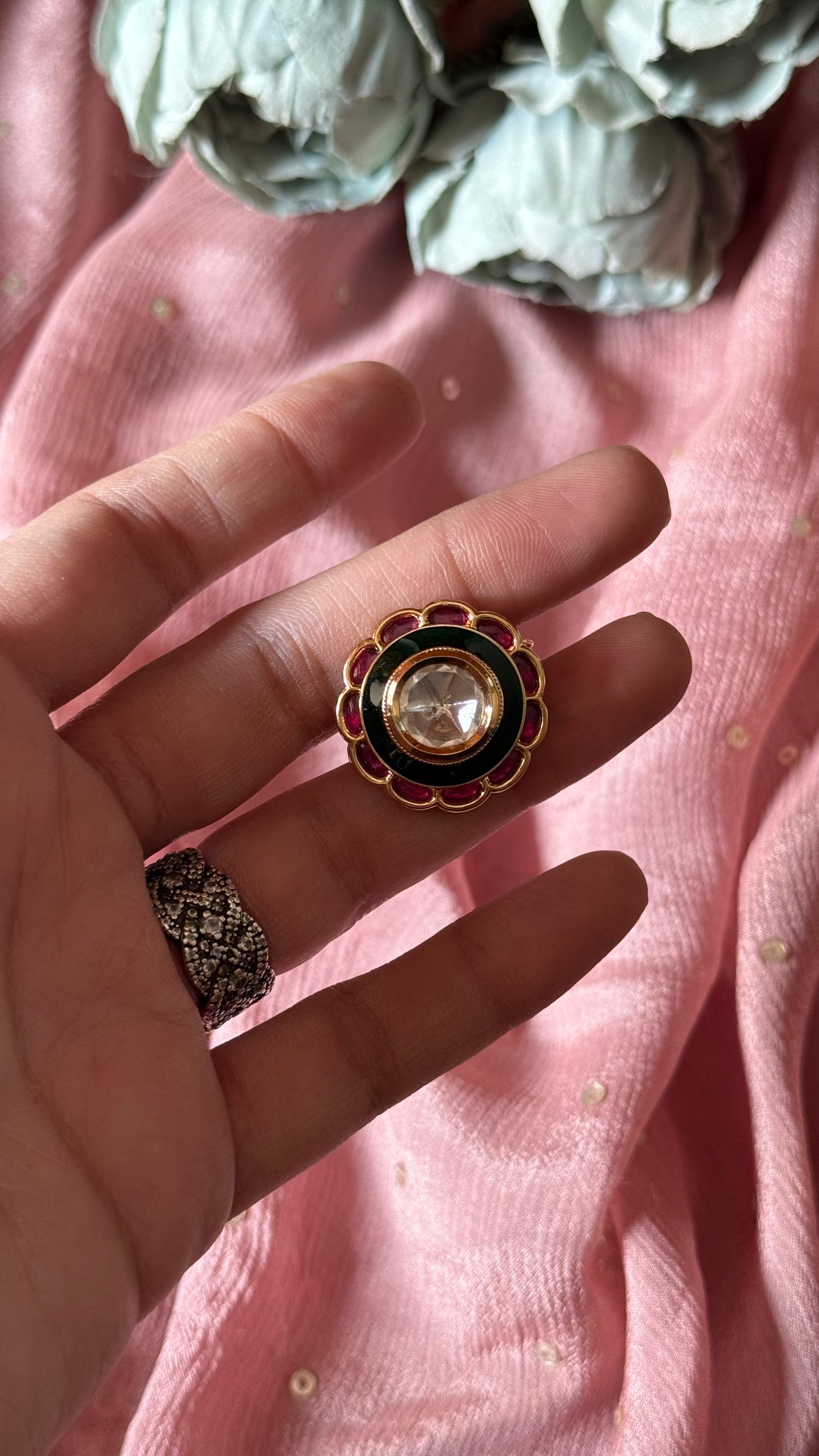 Ruby & emerald meenakari polki ring