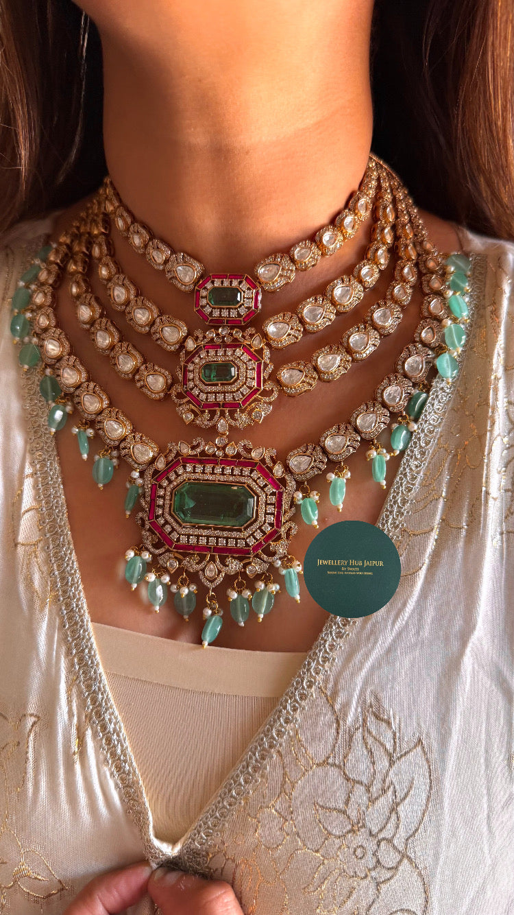 Manvi Mint doublet & rani pink four layer with mint drops necklace